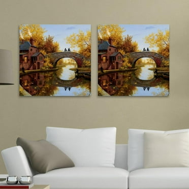 OWNSERIES Autumn Field Bridge Landscape River Pattern 2PC Canvas Wall Art Paintings for Living Room Canvas Frameless Print Wall Artworks