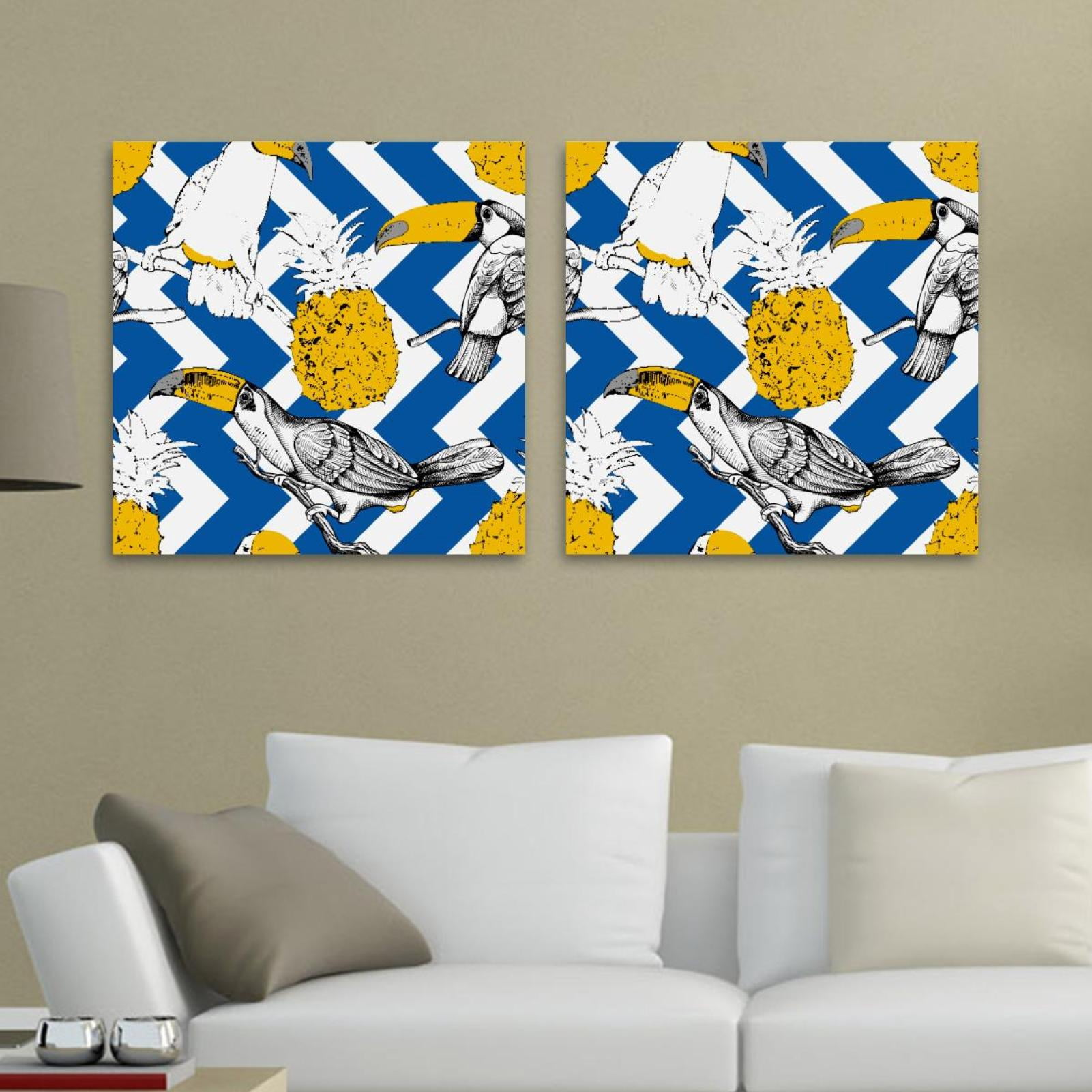 OWNSERIES Birds Pineapple Blue White Wave Pattern 2PC Canvas Wall Art ...