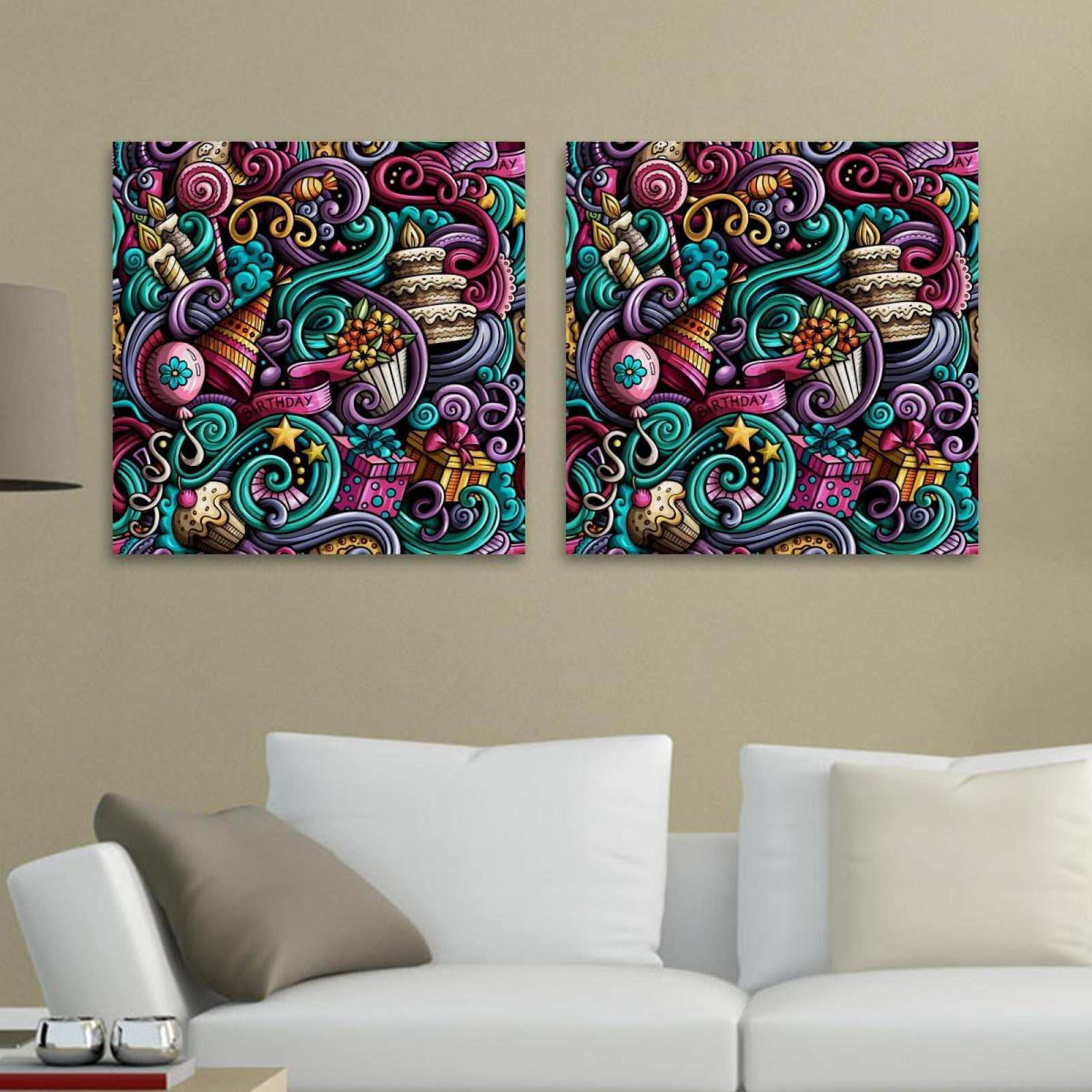 OWNSERIES Birthday Doodles Pattern 2PC Canvas Wall Art Paintings for ...
