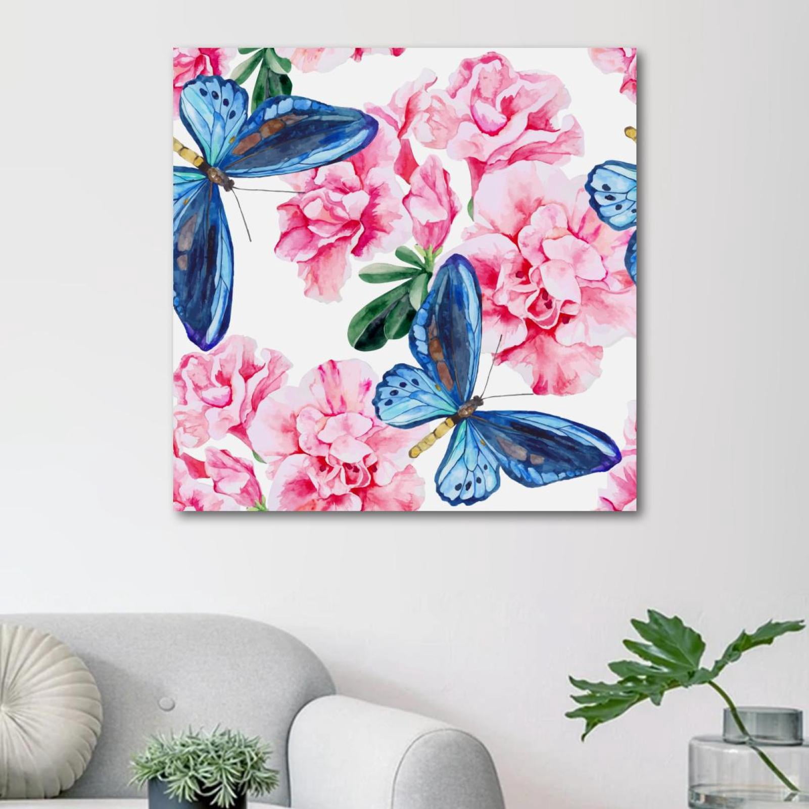 OWNSERIES Blue Butterfly Pink Flower Pattern Canvas Wall Art Paintings ...