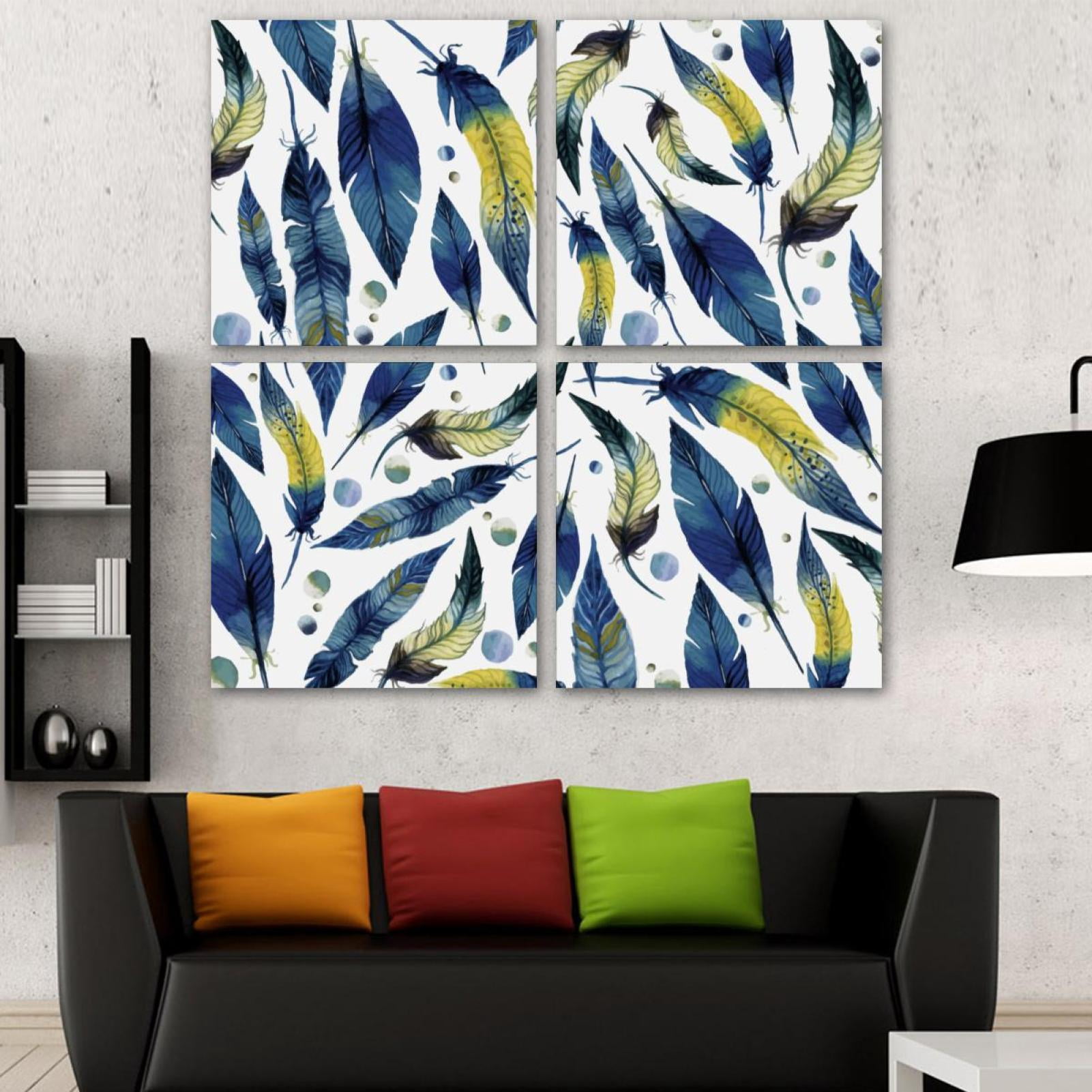 OWNSERIES Blue Feather Pattern 4PC Frameless Canvas Wall Art Paintings ...