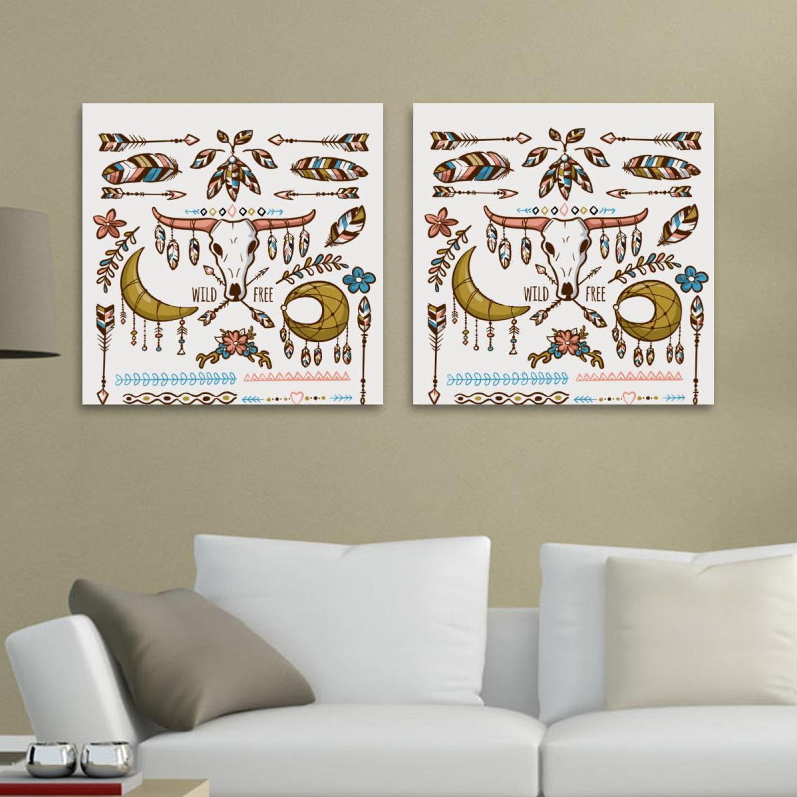 OWNSERIES Boho Wild Animal Skull Head Feather Pattern 2PC Canvas Wall ...