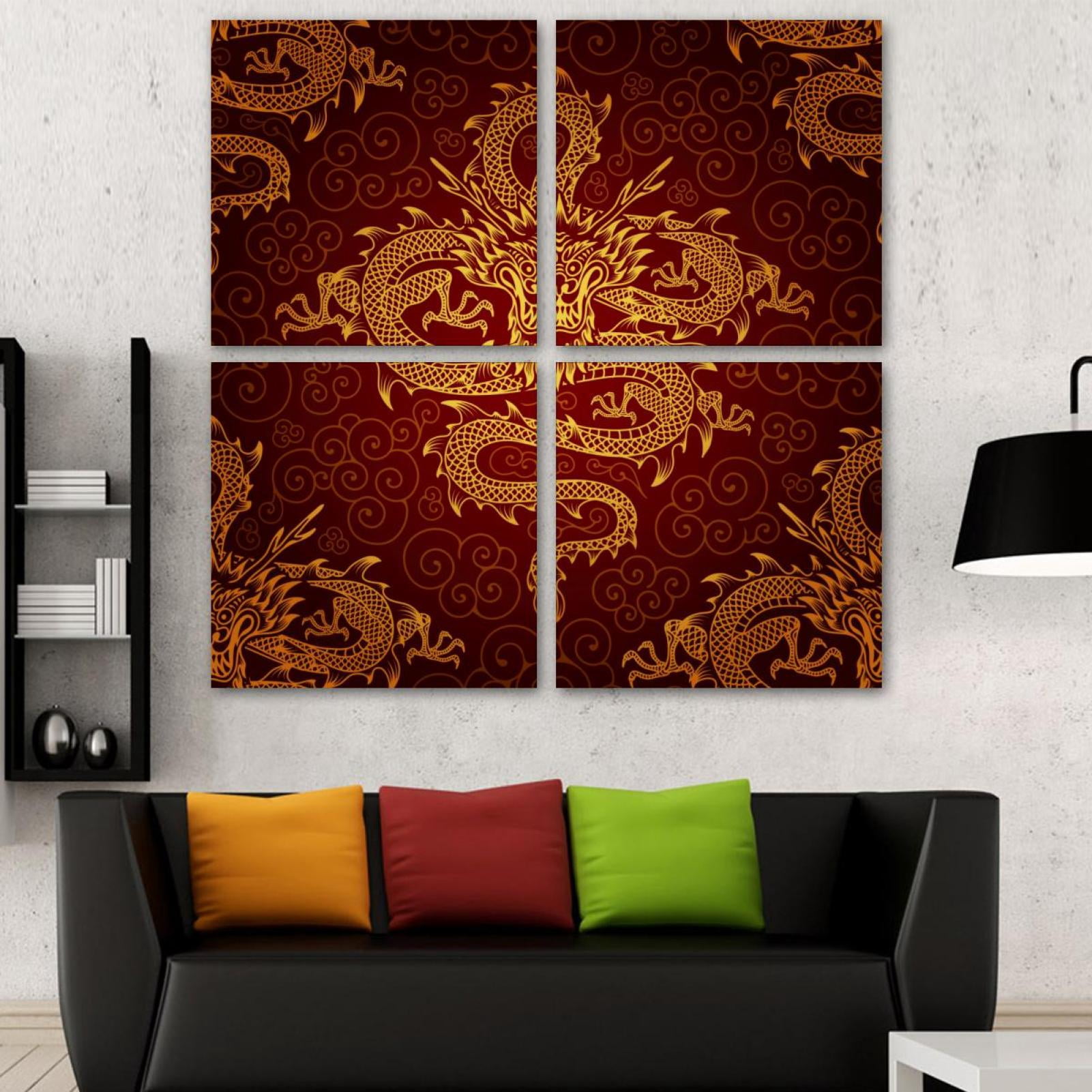 OWNSERIES Chinese Gold Dragon Red Classic Pattern 4PC Frameless Canvas ...
