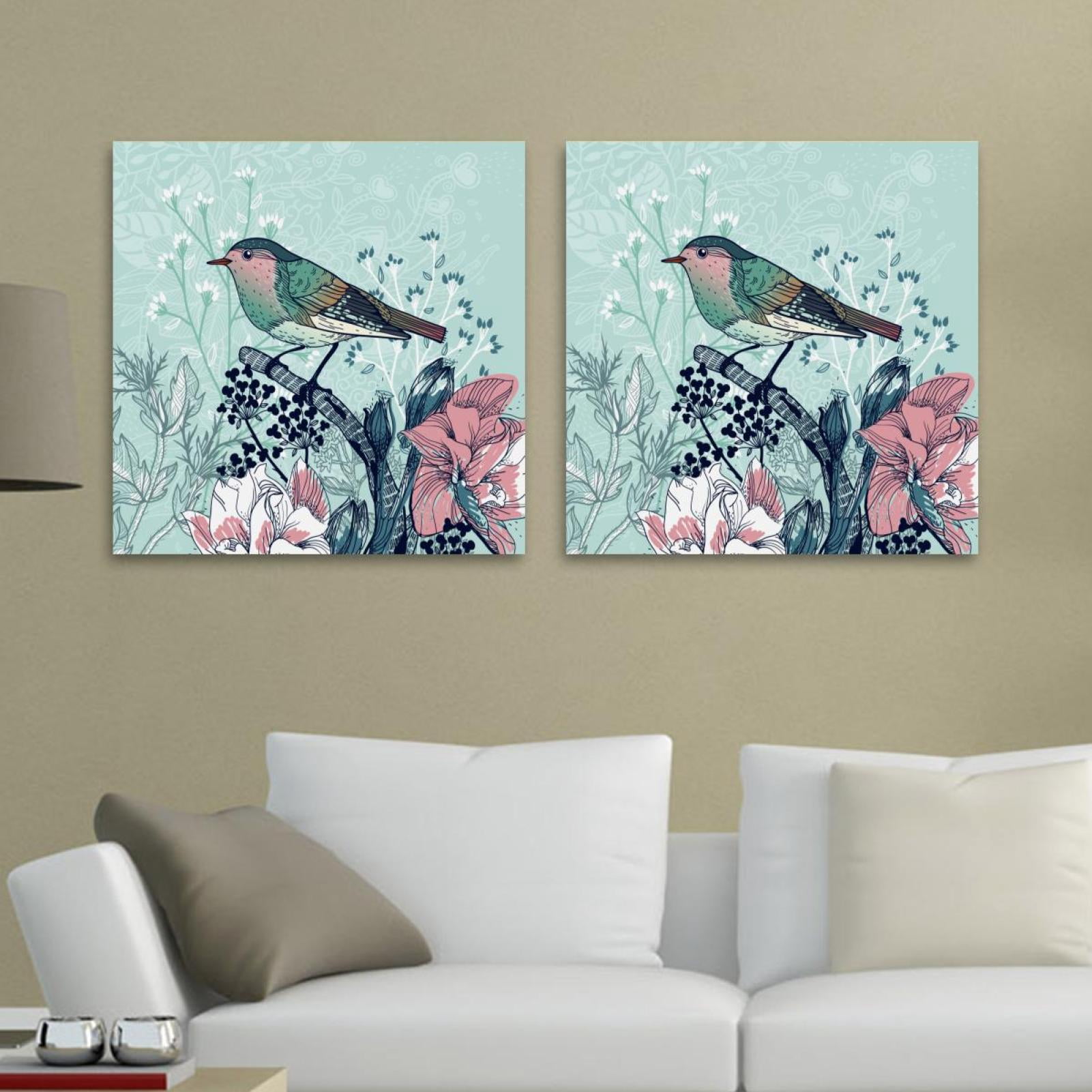 OWNSERIES Chinese Sparrow Flower Blue Pattern 2PC Canvas Wall Art ...