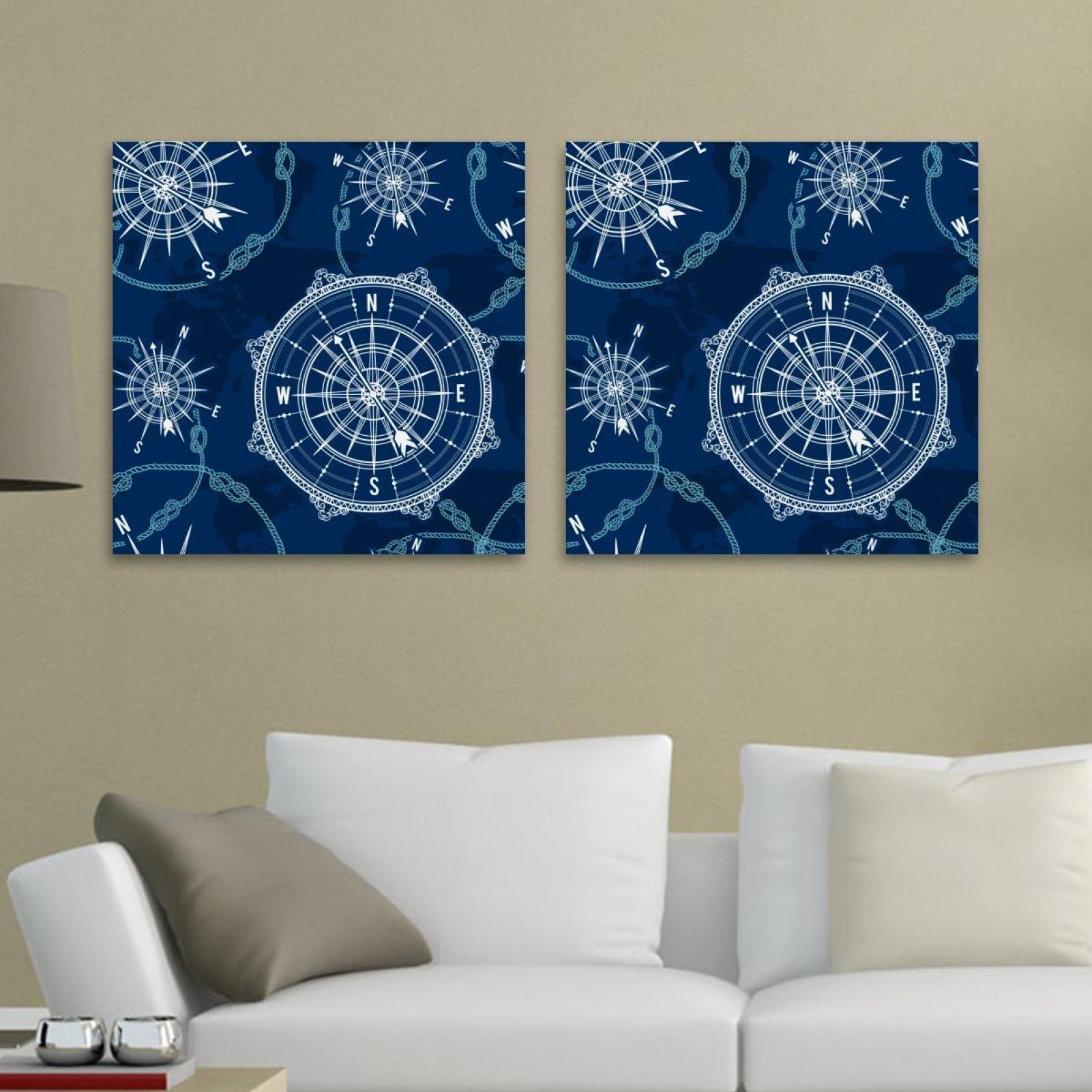 OWNSERIES Compass Blue Nautical Map Background Pattern 2PC Canvas Wall ...