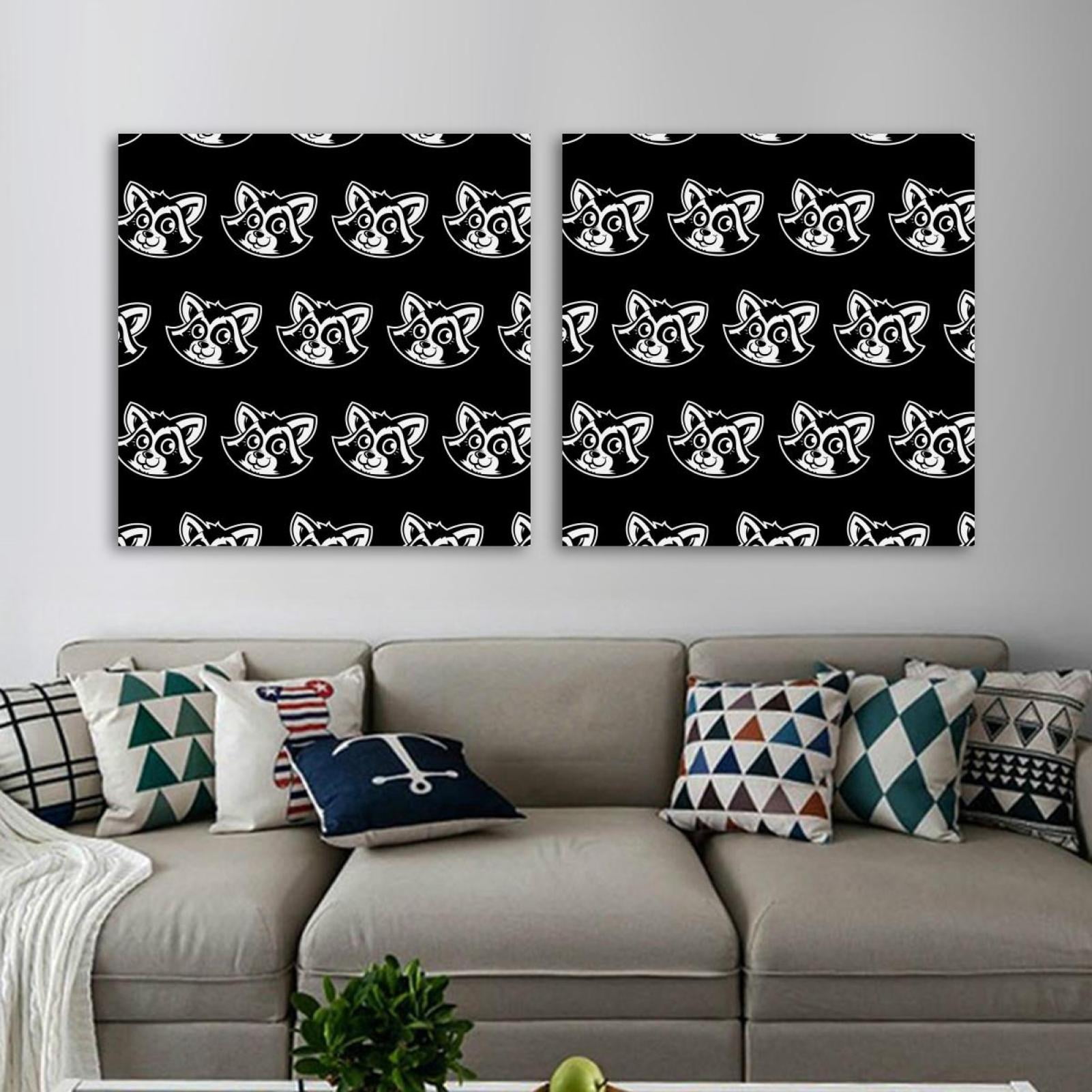 OWNSERIES Cute Black White Raccoon Animal Pattern 2PC Canvas Wall Art