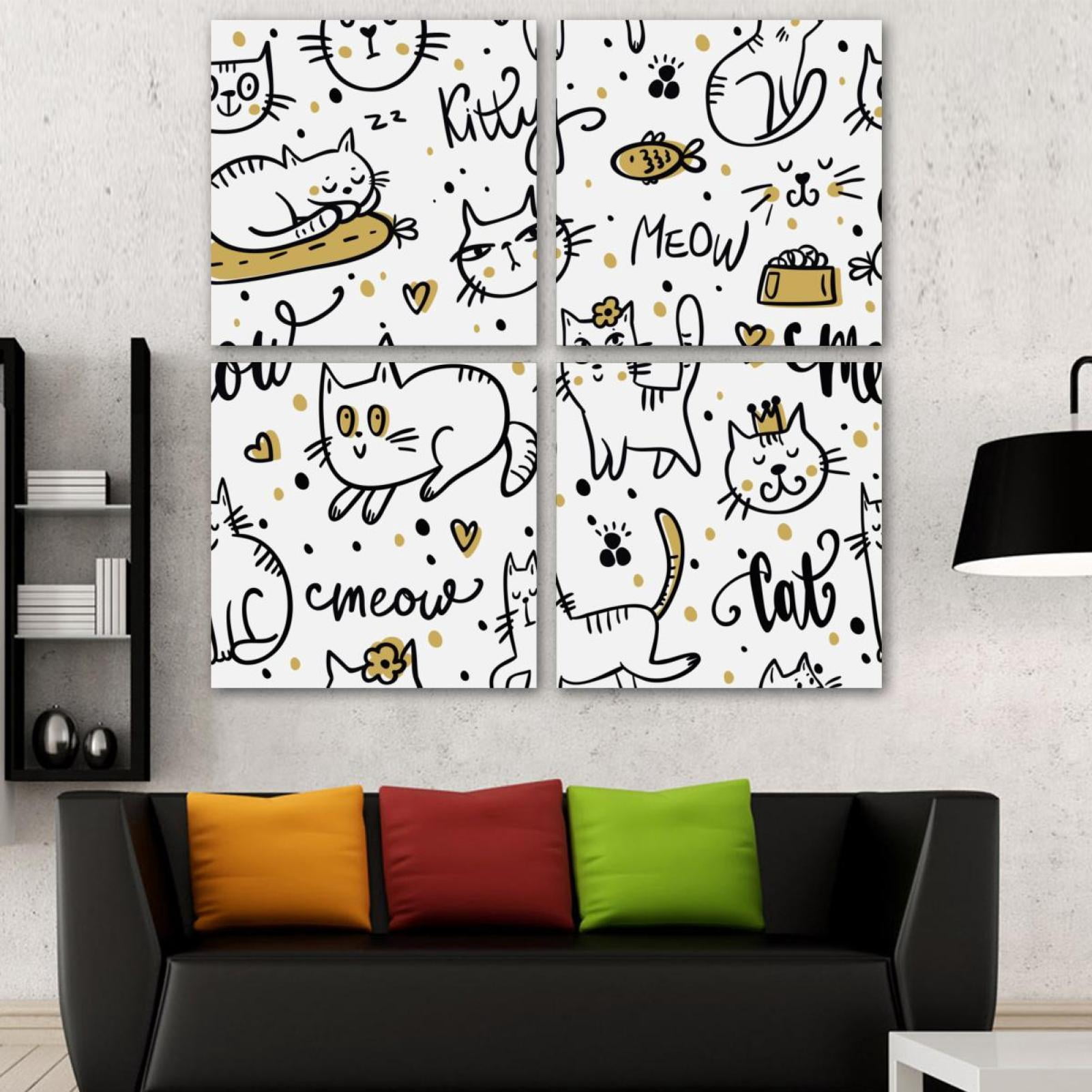OWNSERIES Cute Meow White Cats Pattern 4PC Frameless Canvas Wall Art ...