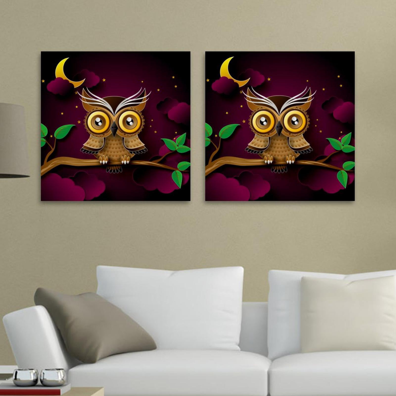 OWNSERIES Cute Owl Night Moon Pattern 2PC Canvas Wall Art Paintings for ...