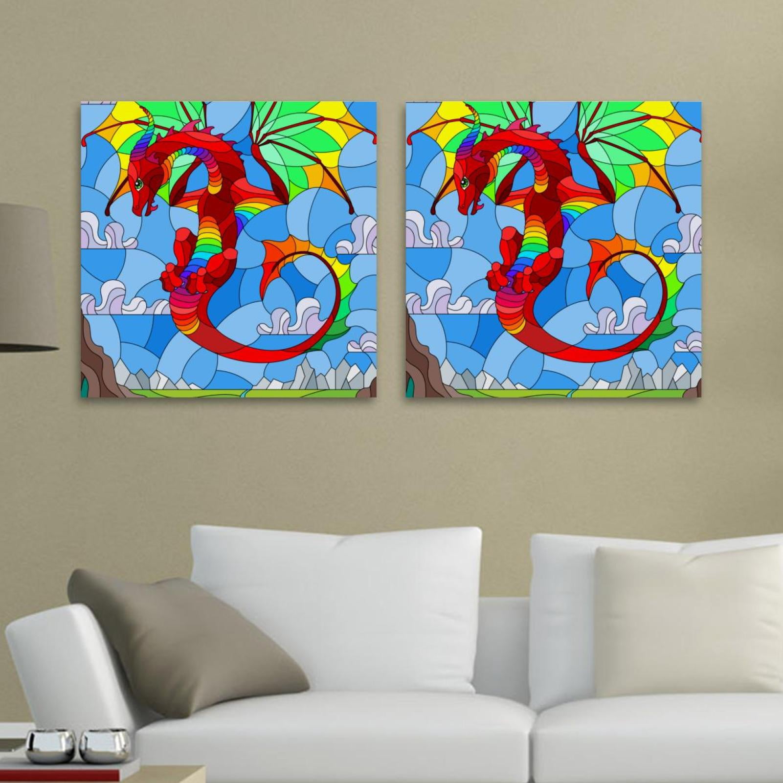 OWNSERIES Dragon Stained Glass Pattern 2PC Canvas Wall Art Paintings ...