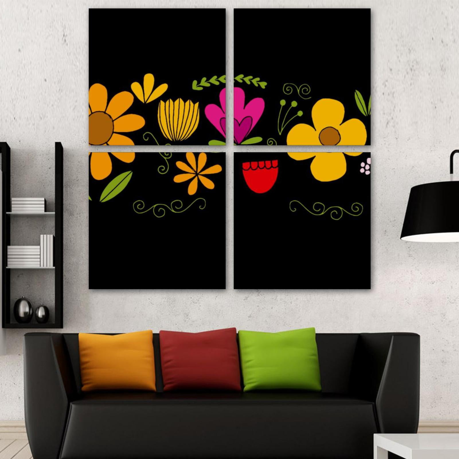 OWNSERIES Flower Floral Black Pattern 4PC Frameless Canvas Wall Art ...