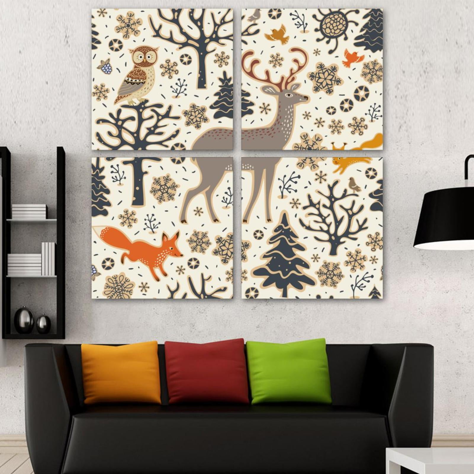 OWNSERIES Forest Animal Fox Reindeer Owl Pattern 4PC Frameless Canvas
