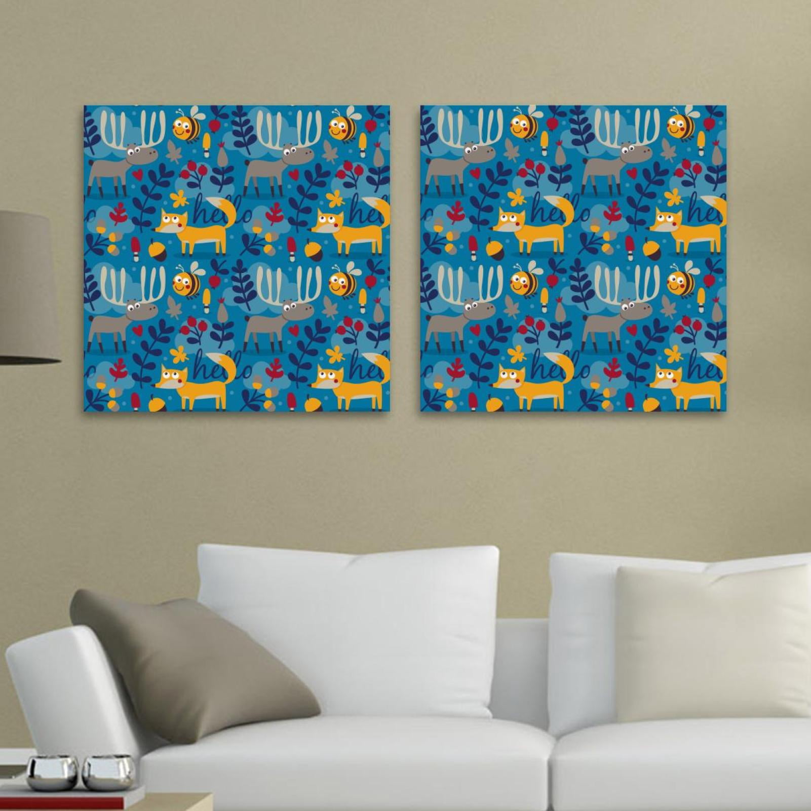 OWNSERIES Foxes Deer Blue Pattern 2PC Canvas Wall Art Paintings for ...