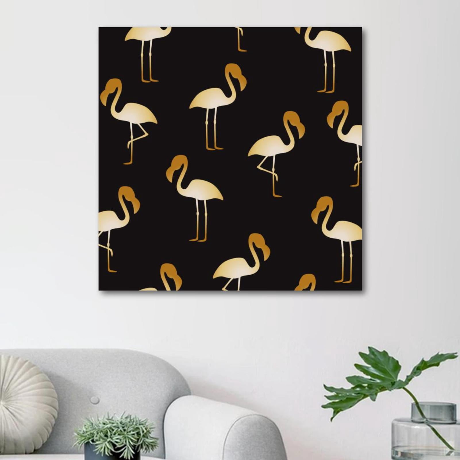 OWNSERIES Golden Flamingo on Black Bbackground Pattern Canvas Wall Art ...