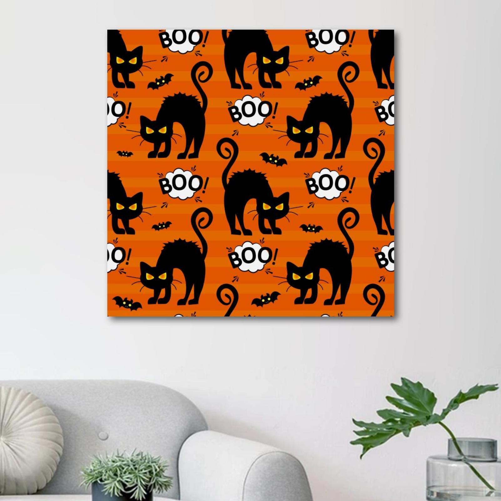 OWNSERIES Halloween Boo Cat Orange Pattern Canvas Wall Art Paintings