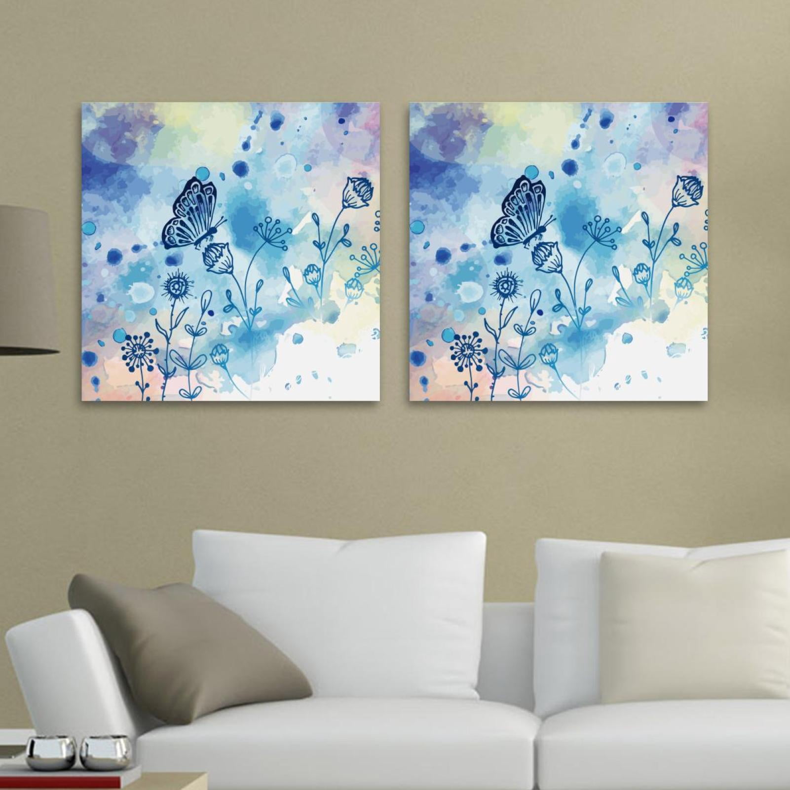 OWNSERIES Hand Drawn Blue Butterfly Flowers Pattern 2PC Canvas Wall Art ...