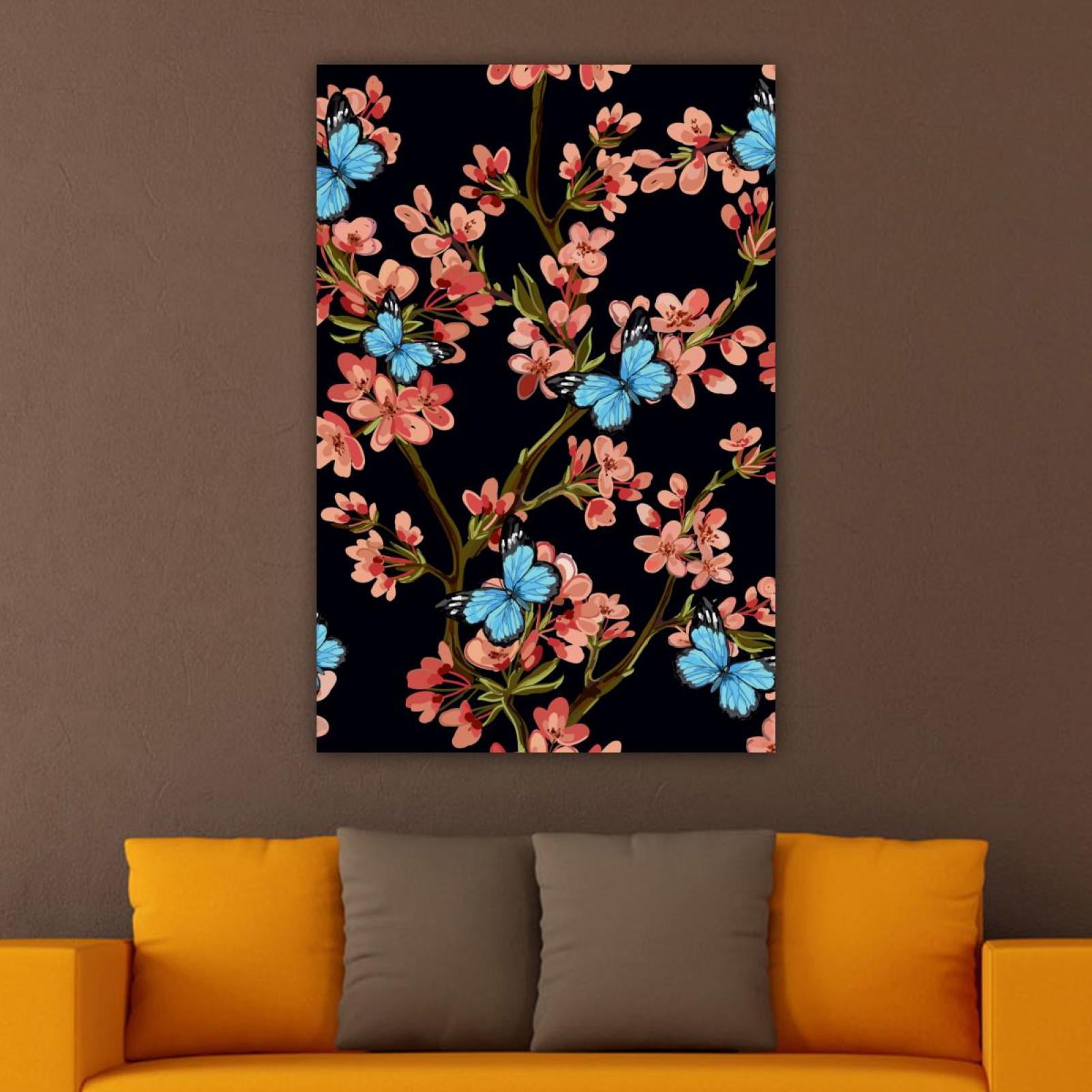 OWNSERIES Home Decor Blue Butterfly on Flower Tree Pattern Canvas Wall ...