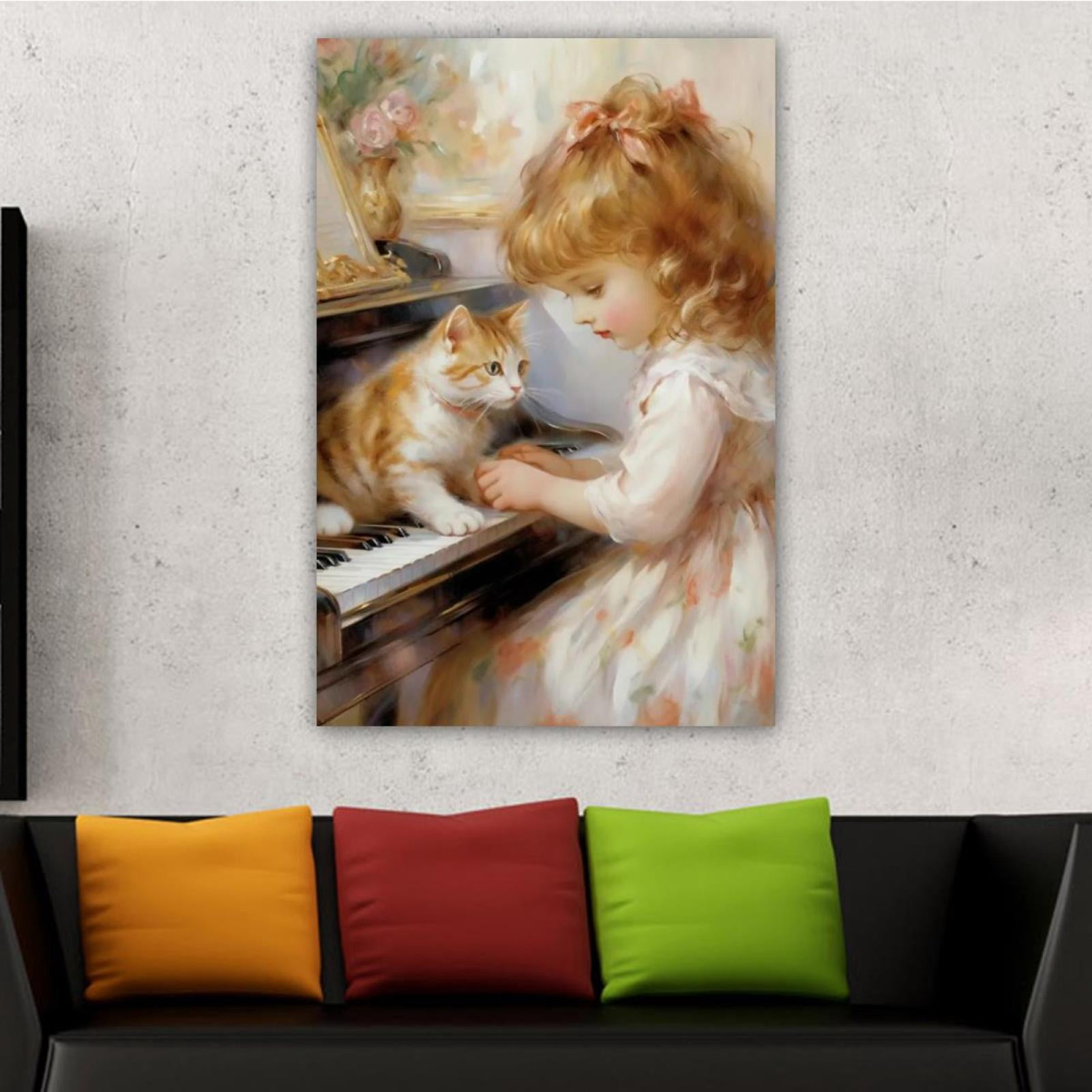 OWNSERIES Home Decor Girl Playing Piano and Cat Pattern Canvas Wall Art ...
