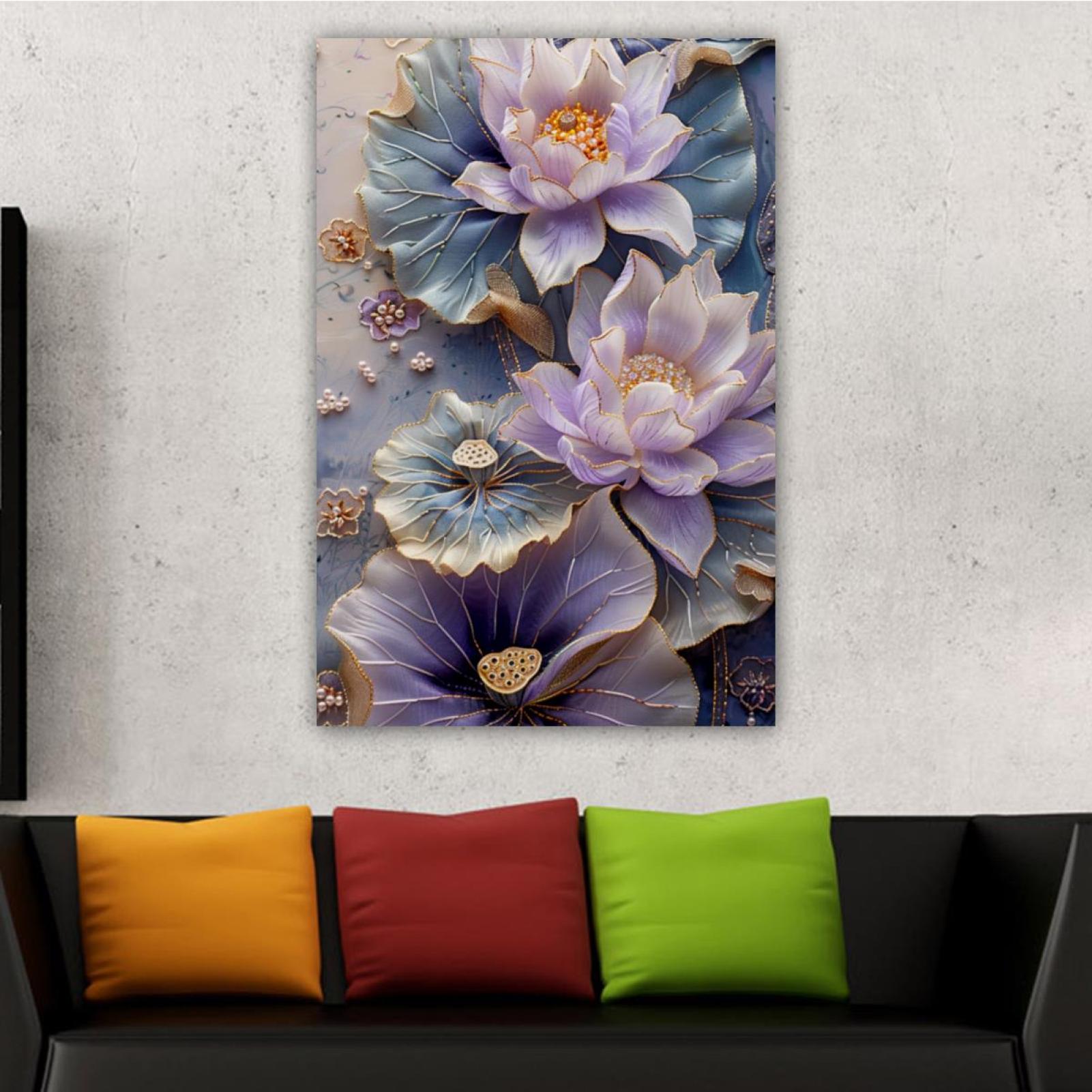 OWNSERIES Home Decor Gold Embroidered Lotus Pattern Canvas Wall Art ...