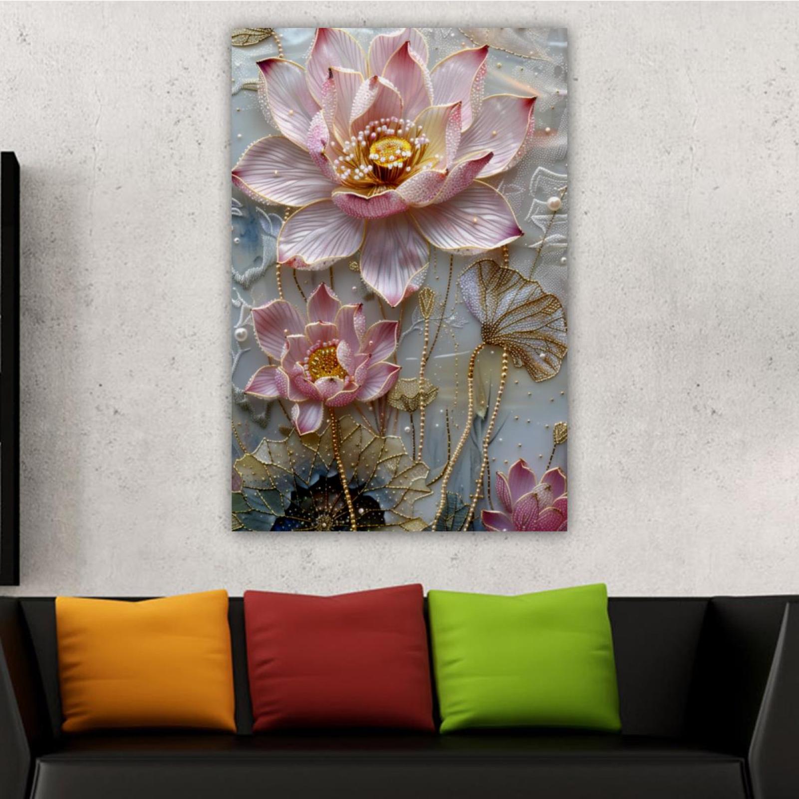 OWNSERIES Home Decor Gold Embroidered Lotus Pattern Canvas Wall Art ...
