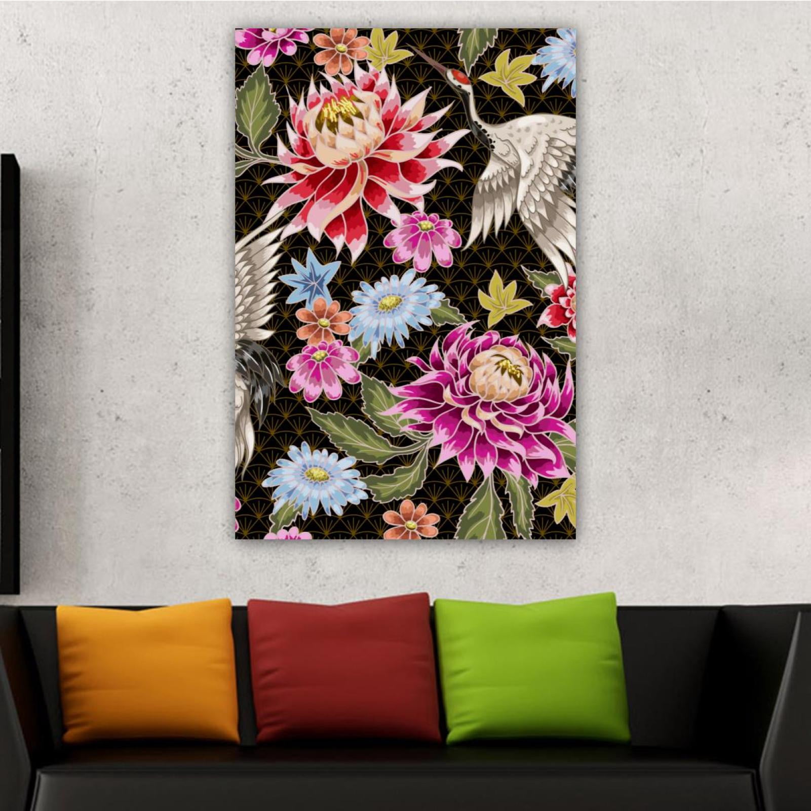 OWNSERIES Home Decor Red-Crowned Crane Peony Pattern Canvas Wall Art ...