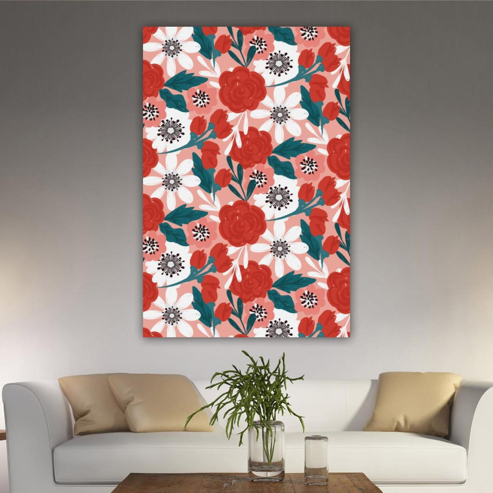 OWNSERIES Home Decor Red White Floral Flower Pattern Pattern Canvas ...