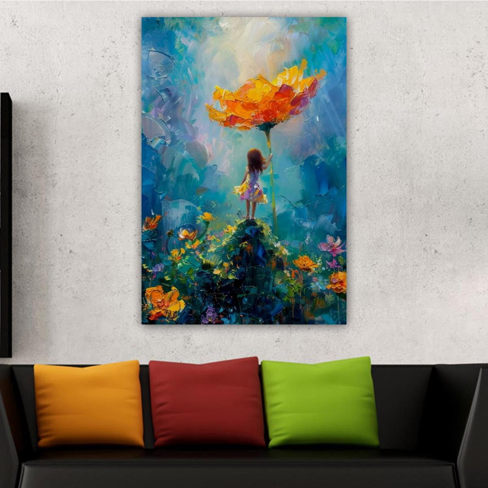 OWNSERIES Home Decor Small Girl Standing on Huge Flower Pattern Canvas ...