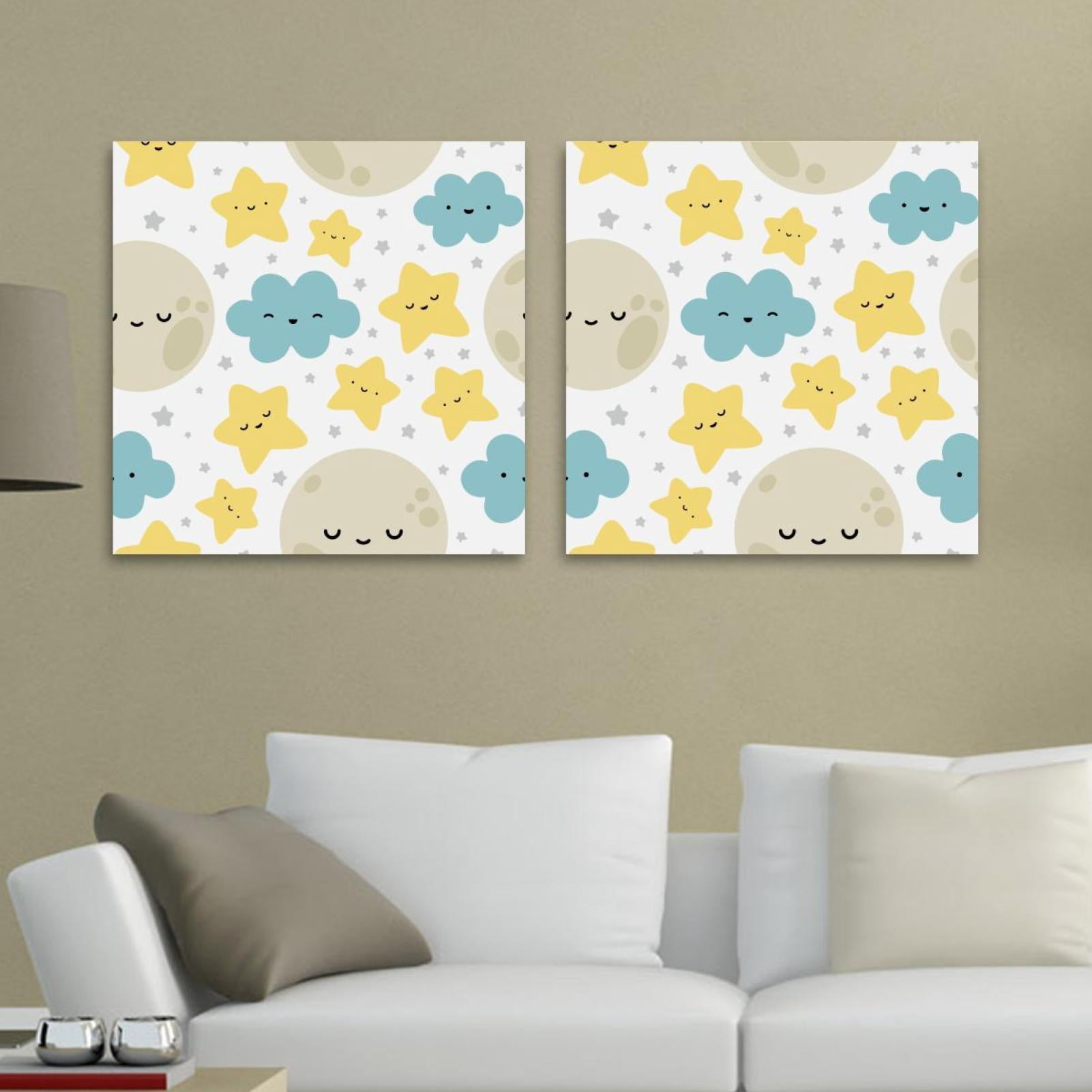 OWNSERIES Moon Cloud Stars Cute Blue Yellow Pattern 2PC Canvas Wall Art ...