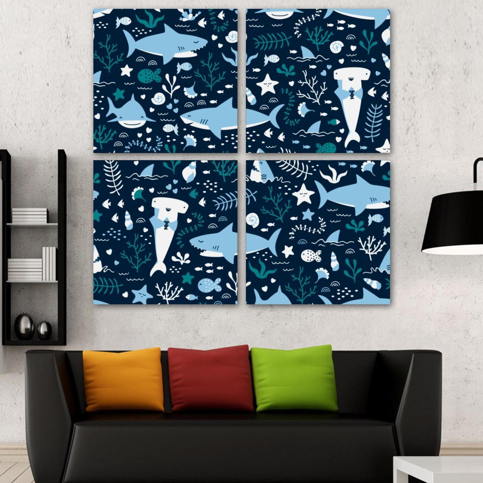 OWNSERIES Ocean Shark Blue Pattern 4PC Frameless Canvas Wall Art ...