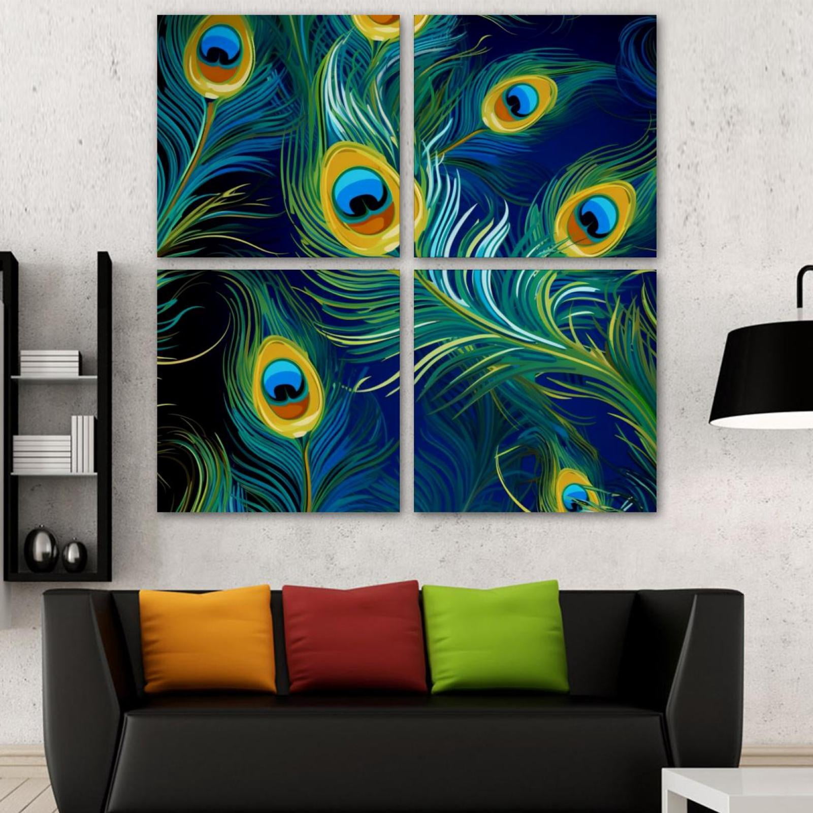 OWNSERIES Peacock Feather Pattern Pattern 4PC Frameless Canvas Wall Art ...