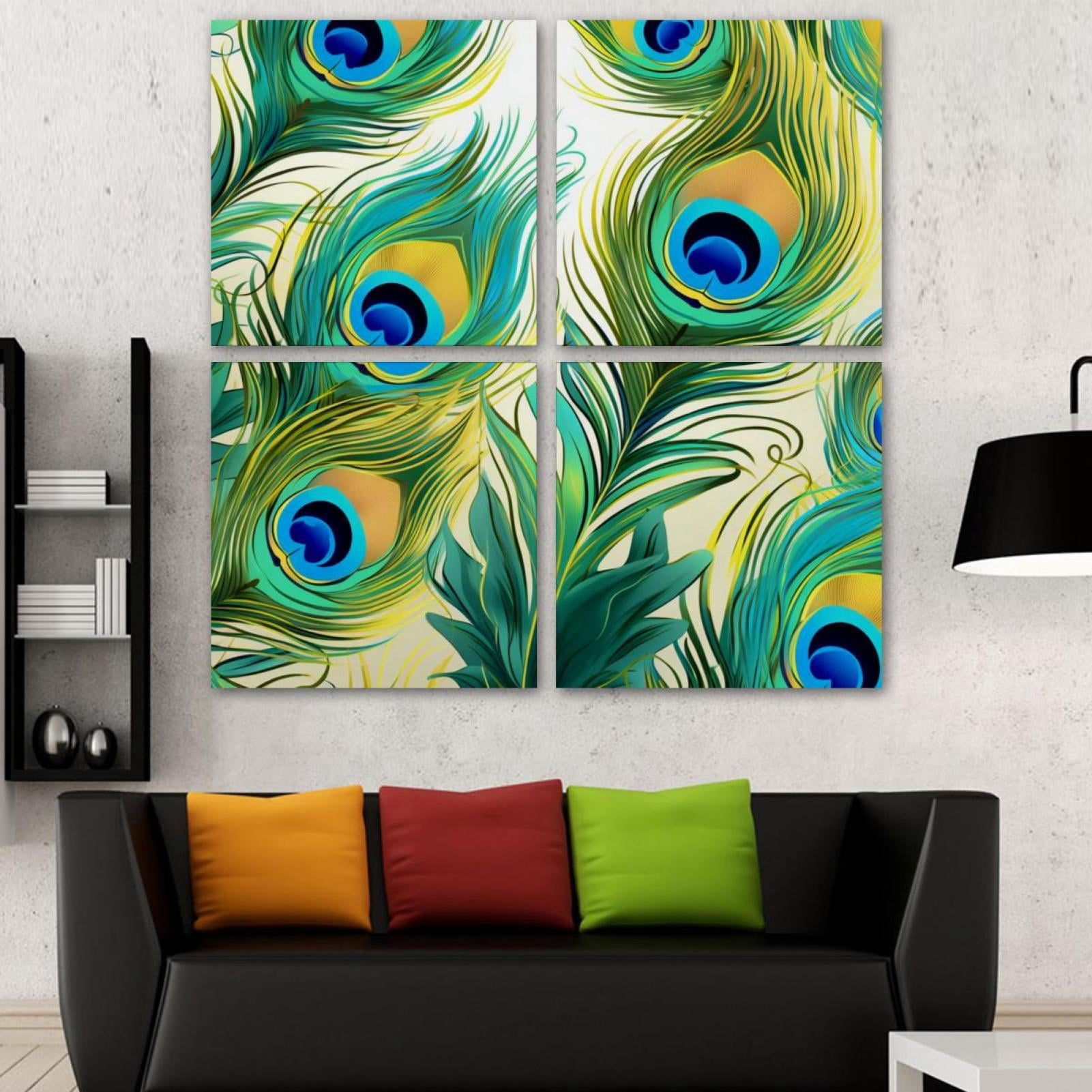 OWNSERIES Peacock Feather Pattern Pattern 4PC Frameless Canvas Wall Art ...