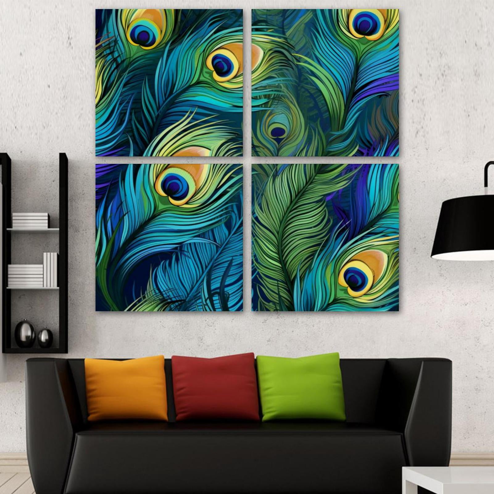 OWNSERIES Peacock Feather Pattern Pattern 4PC Frameless Canvas Wall Art ...
