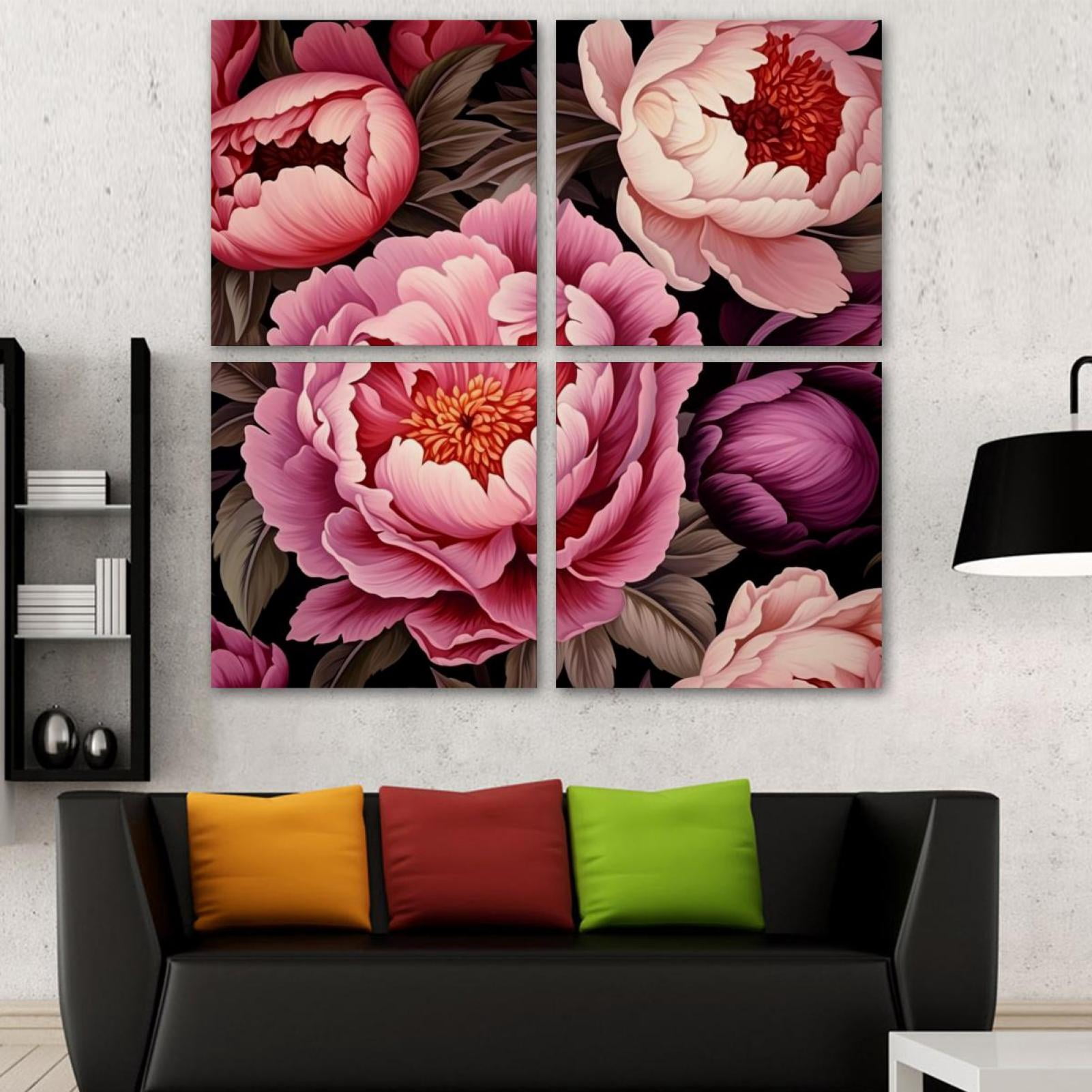 OWNSERIES Peony Flower Pattern Pattern 4PC Frameless Canvas Wall Art ...