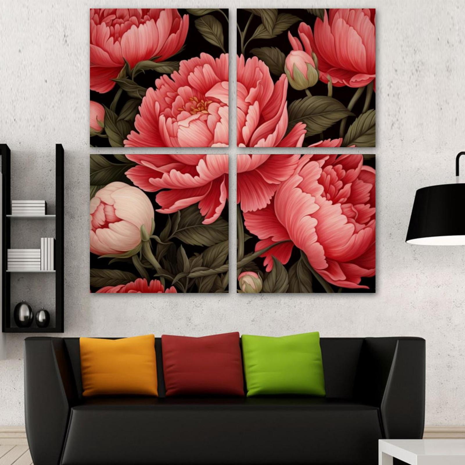OWNSERIES Peony Flower Pattern Pattern 4PC Frameless Canvas Wall Art ...