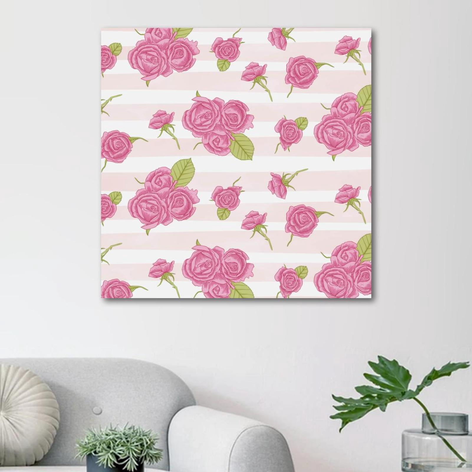 OWNSERIES Pink Roses Pattern with Striped Pattern Canvas Wall Art ...