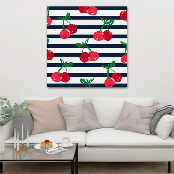OWNSERIES Red Cherry Blue White Stripes Pattern Canvas Wall Art Paintings for Living Room - Canvas Framed Print Wall Artworks Bedroom Decoration Office Wall Decor