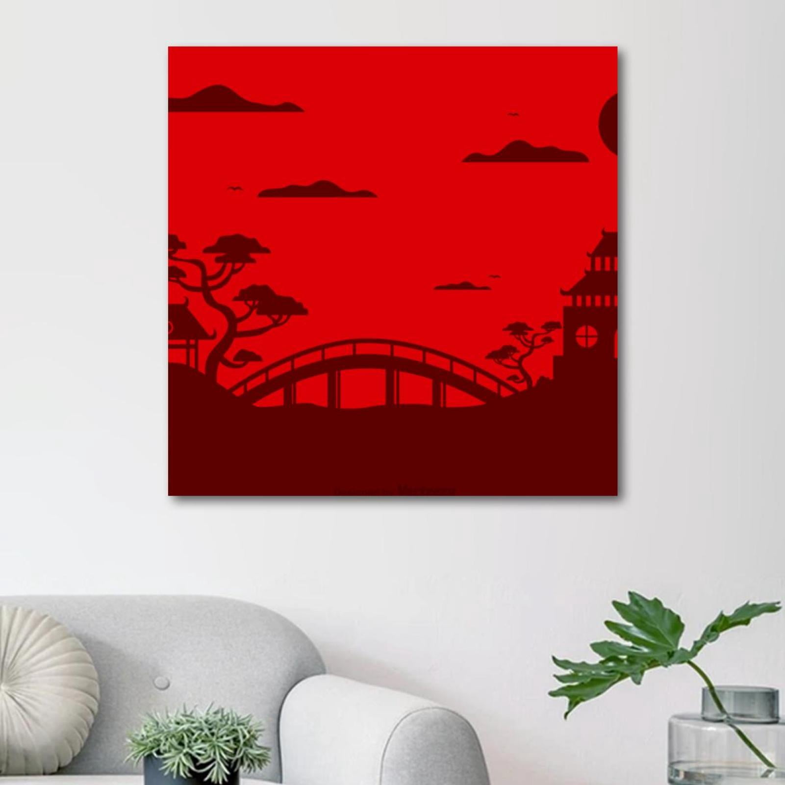 OWNSERIES Red Vintage Chinese Temple Landscape Pattern Canvas Wall Art ...