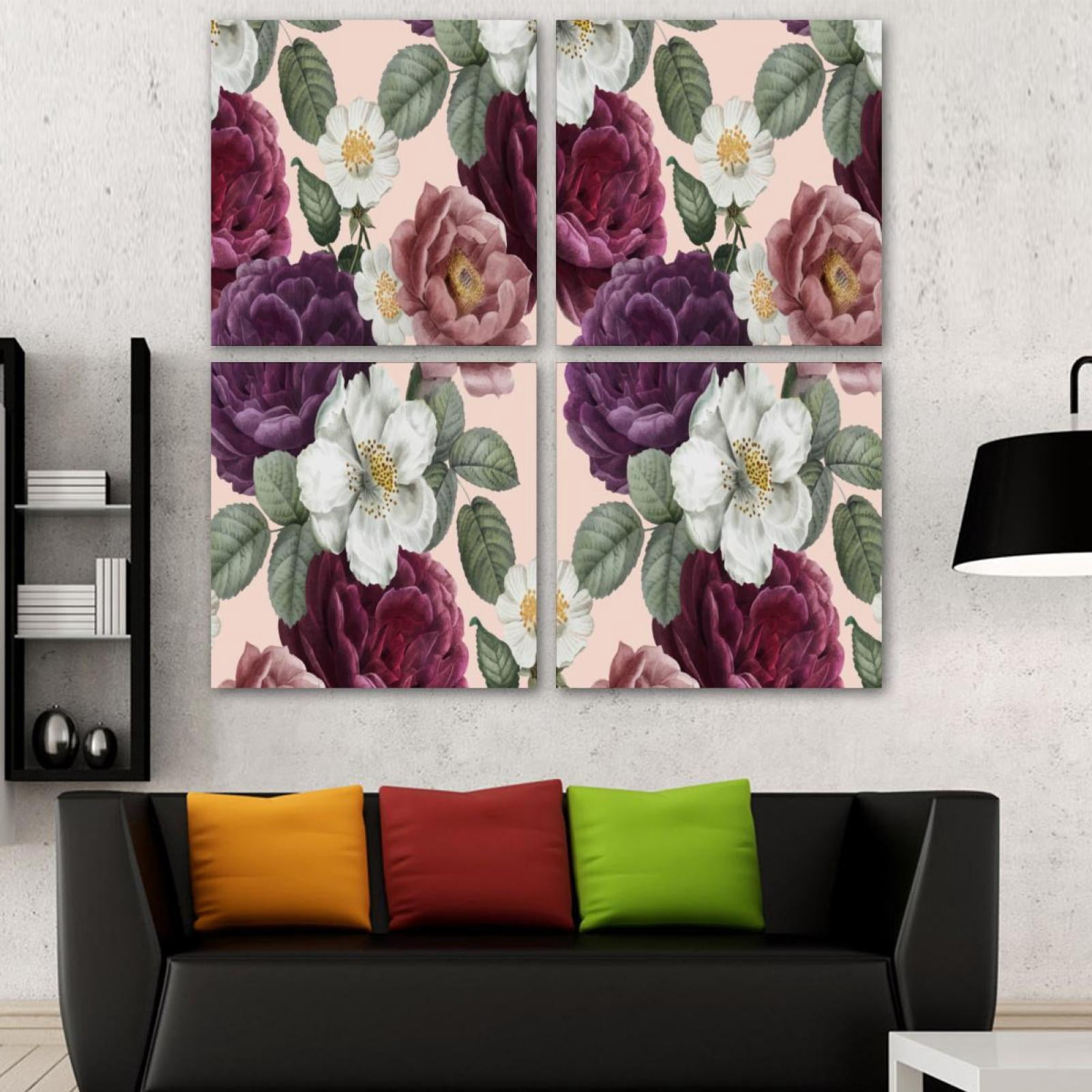 OWNSERIES Romantic Floral Peony Big Flower Pattern 4PC Frameless Canvas ...