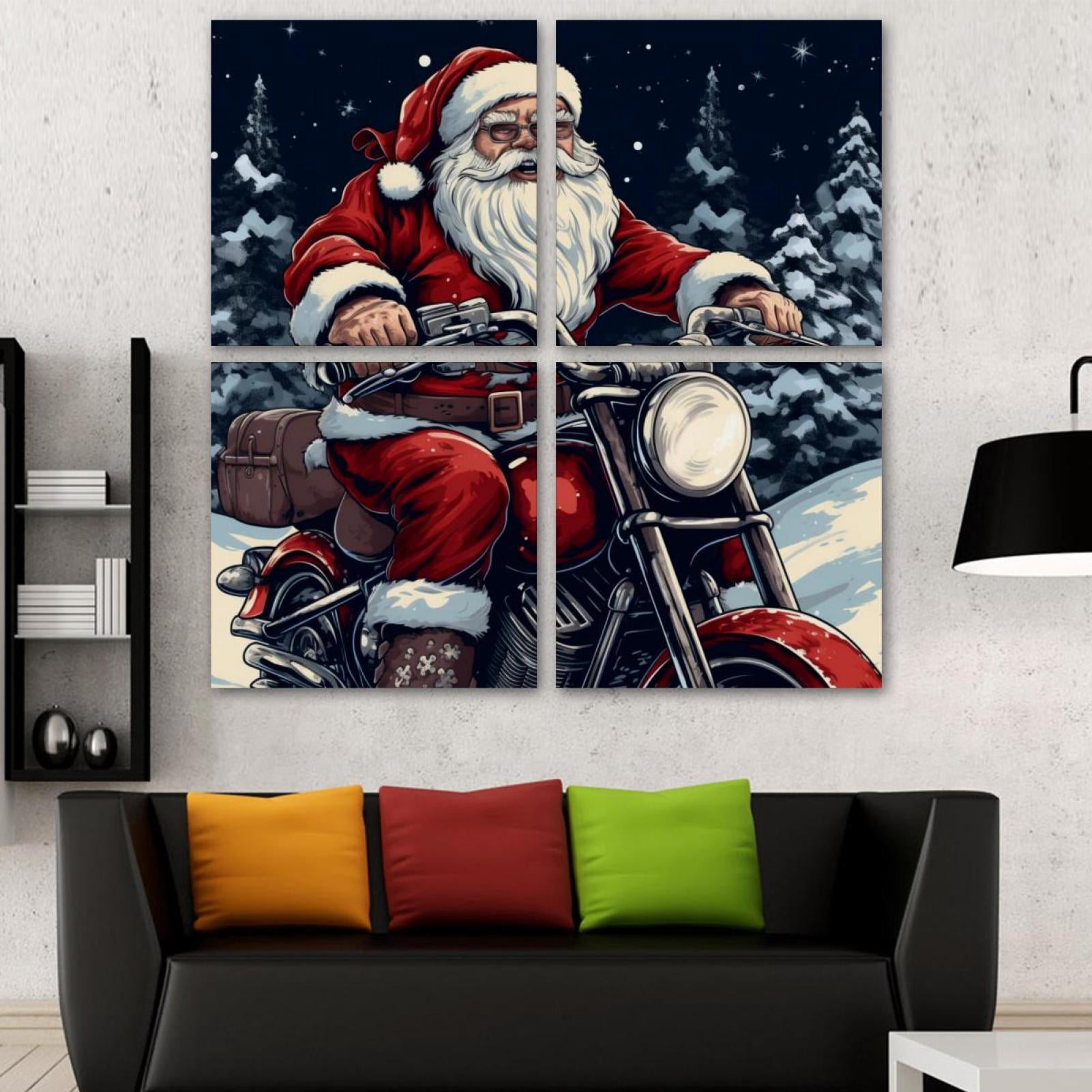 Santa Riding Poster Design OWNSERIES Santa Claus Riding a Motorcycle Pattern 4PC Frameless Canvas ...