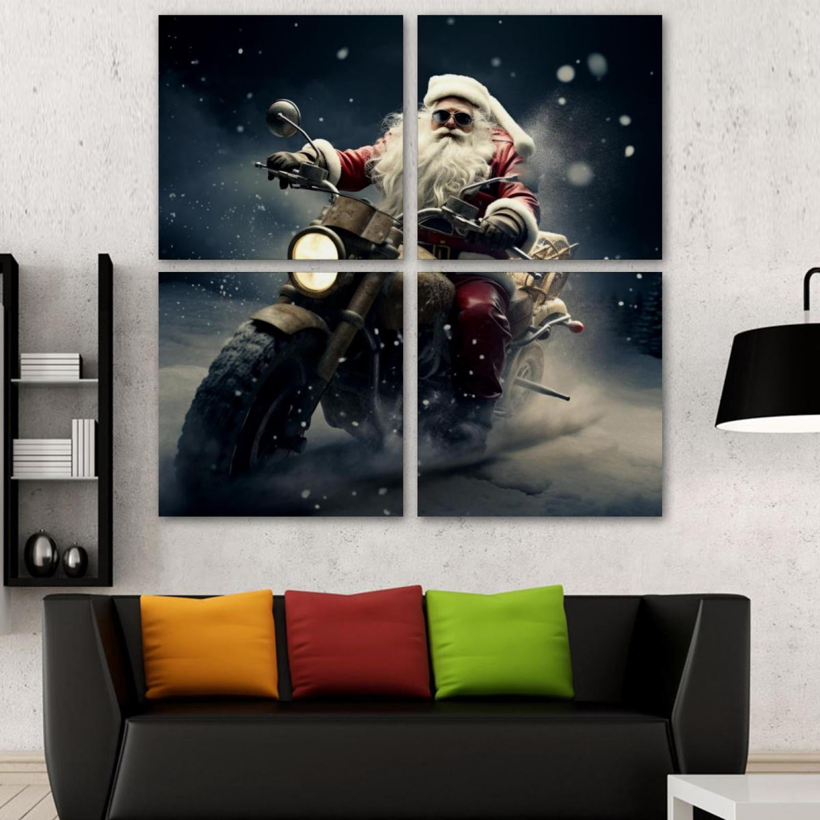 Santa Riding Poster Design OWNSERIES Santa Claus Riding a Motorcycle Pattern 4PC Frameless Canvas ...