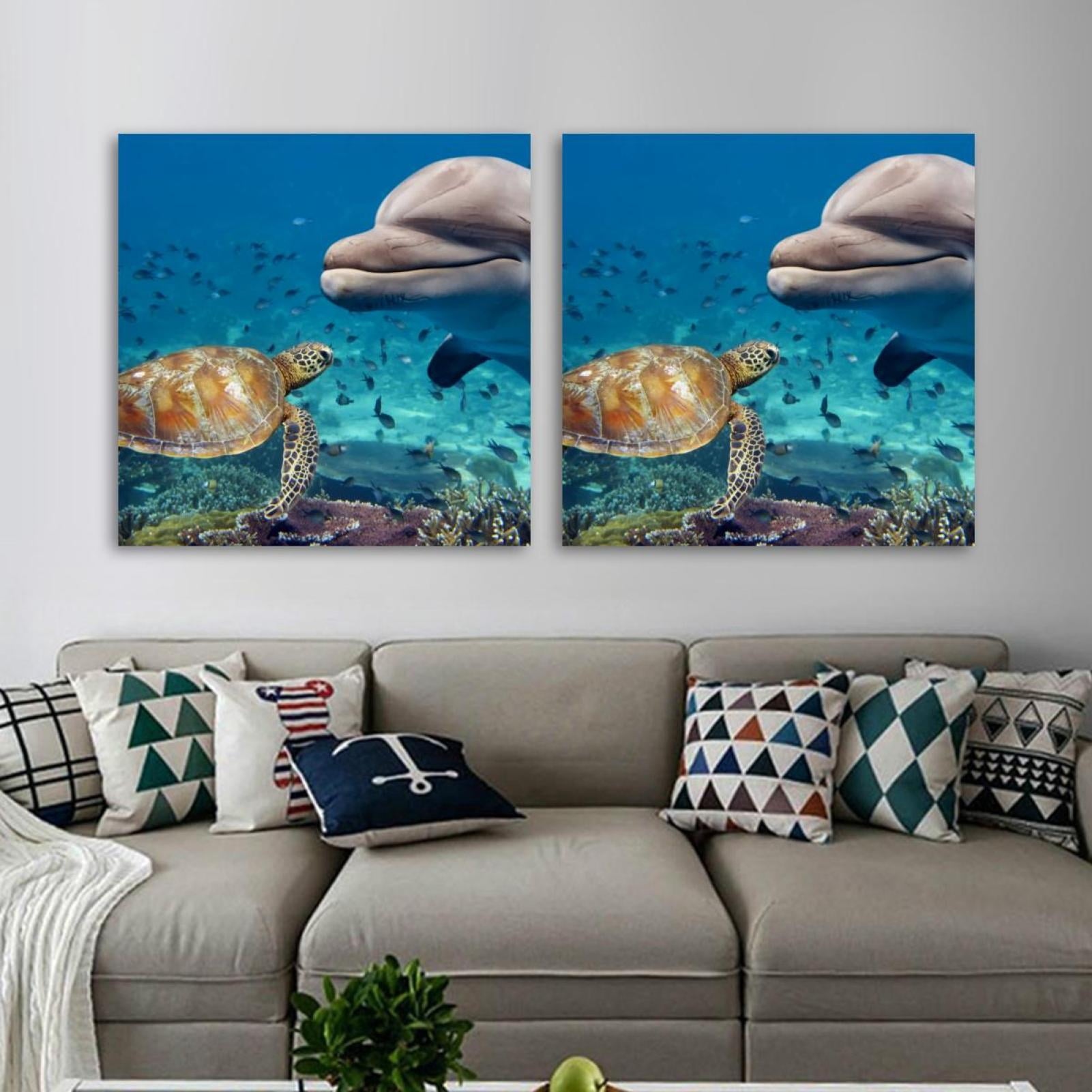 OWNSERIES Sea Turtle Dolphin Pattern 2PC Canvas Wall Art Paintings for ...