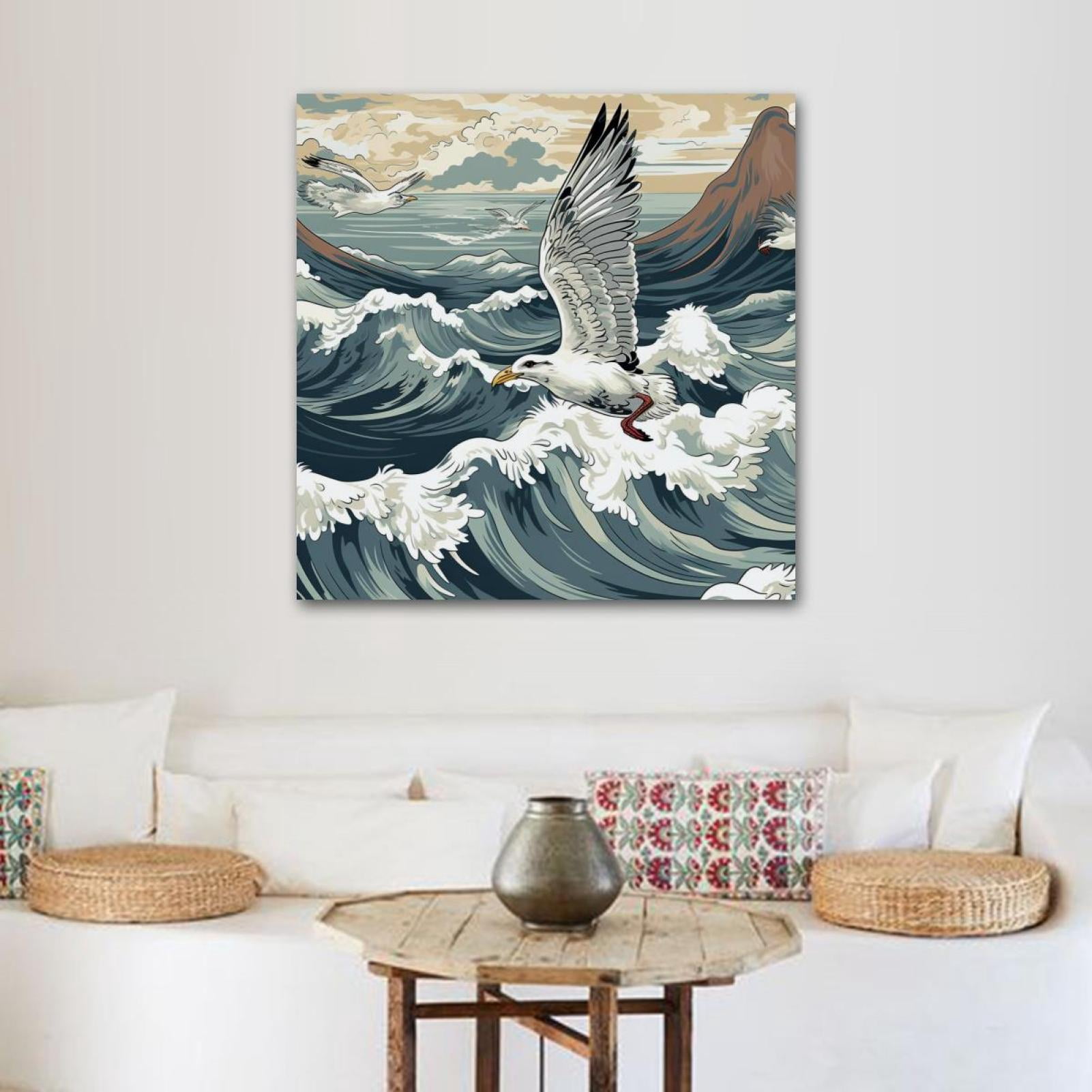 Goldfoilart Ocean Beach Sunset Canvas Wall Art - 40" X 20", Framed, Seagull Seascape, Coastal Decor