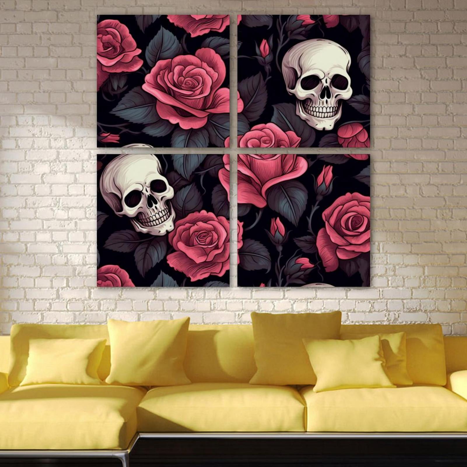 OWNSERIES Skeleton Among Roses Pattern 4PC Frameless Canvas Wall Art ...