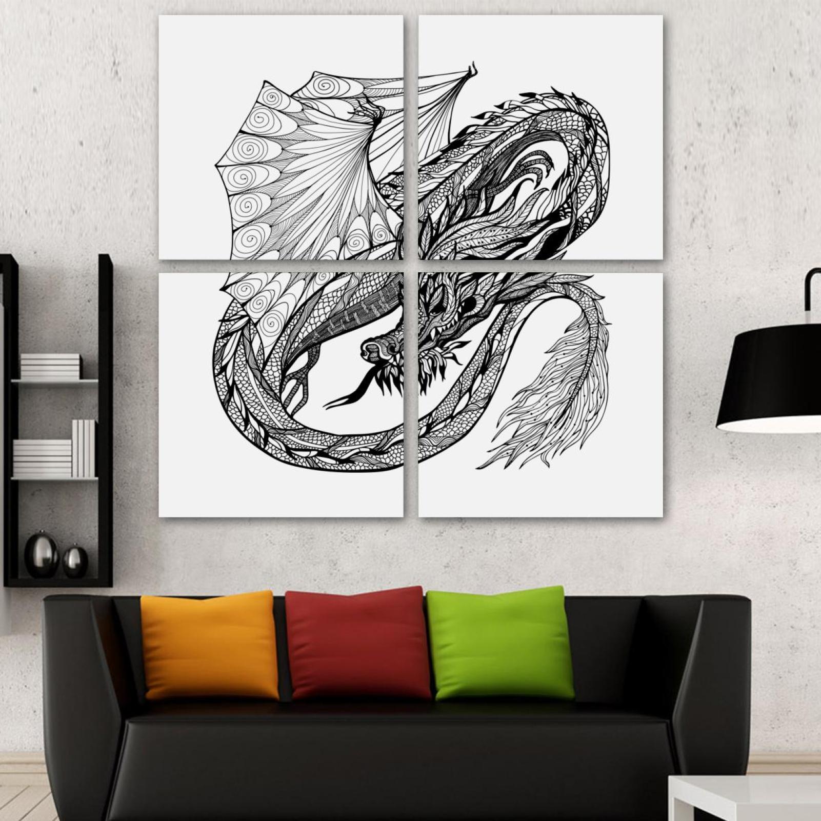 OWNSERIES Sketch Dragon Pattern 4PC Frameless Canvas Wall Art Paintings ...
