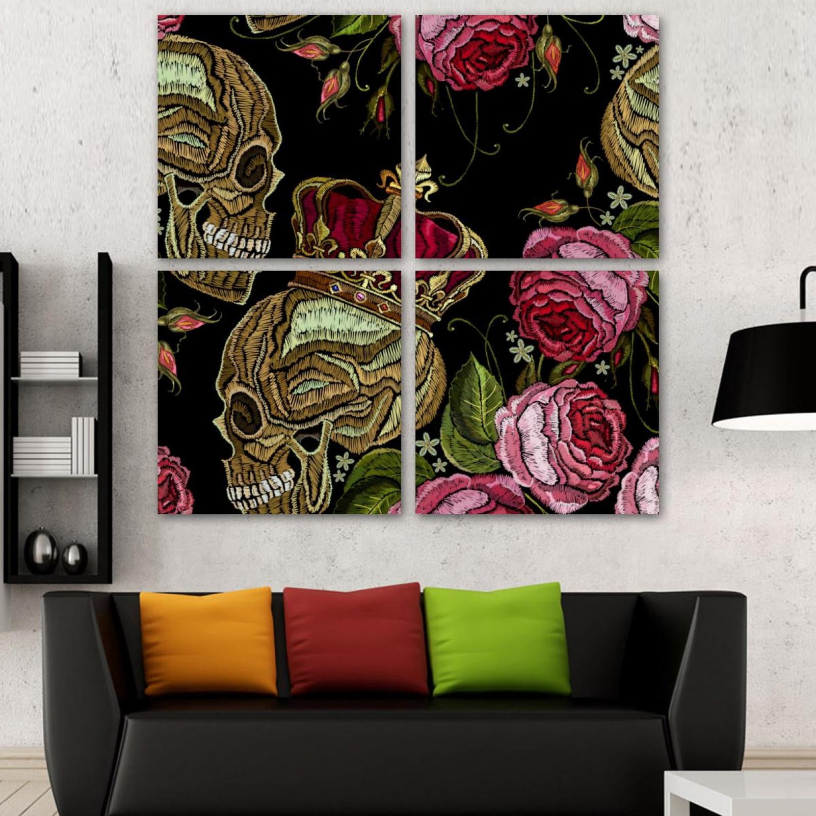 OWNSERIES Skull with Crown Rose Pattern 4PC Frameless Canvas Wall Art ...