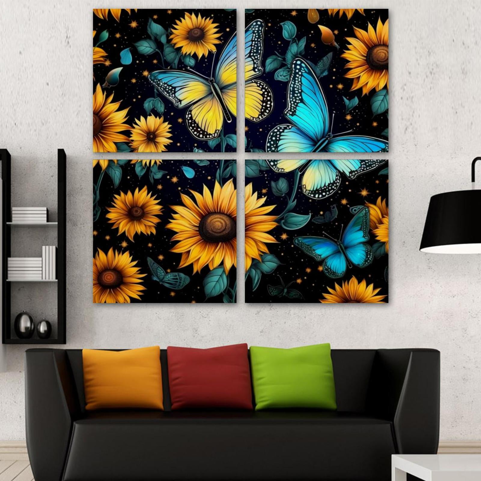 OWNSERIES Starry Sky Sunflower Butterfly Pattern 4PC Frameless Canvas