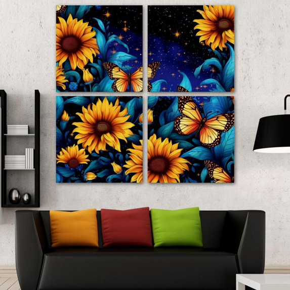 OWNSERIES Starry Sky Sunflower Butterfly Pattern 4PC Frameless Canvas Wall Art Paintings for Living Room Canvas Print Wall Artworks