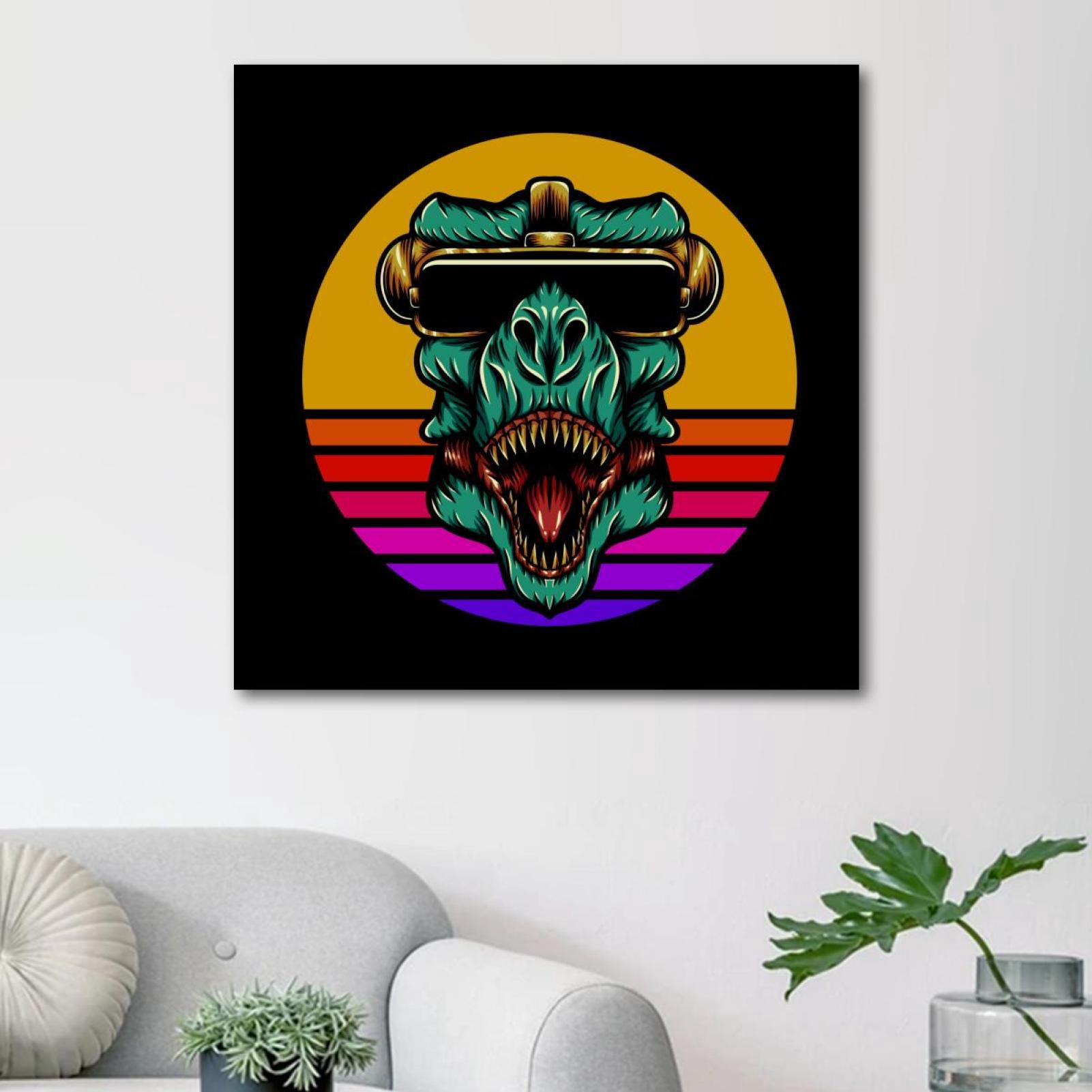 OWNSERIES T Rex Dinosaur in Front of Retro Sunset Pattern Canvas Wall ...