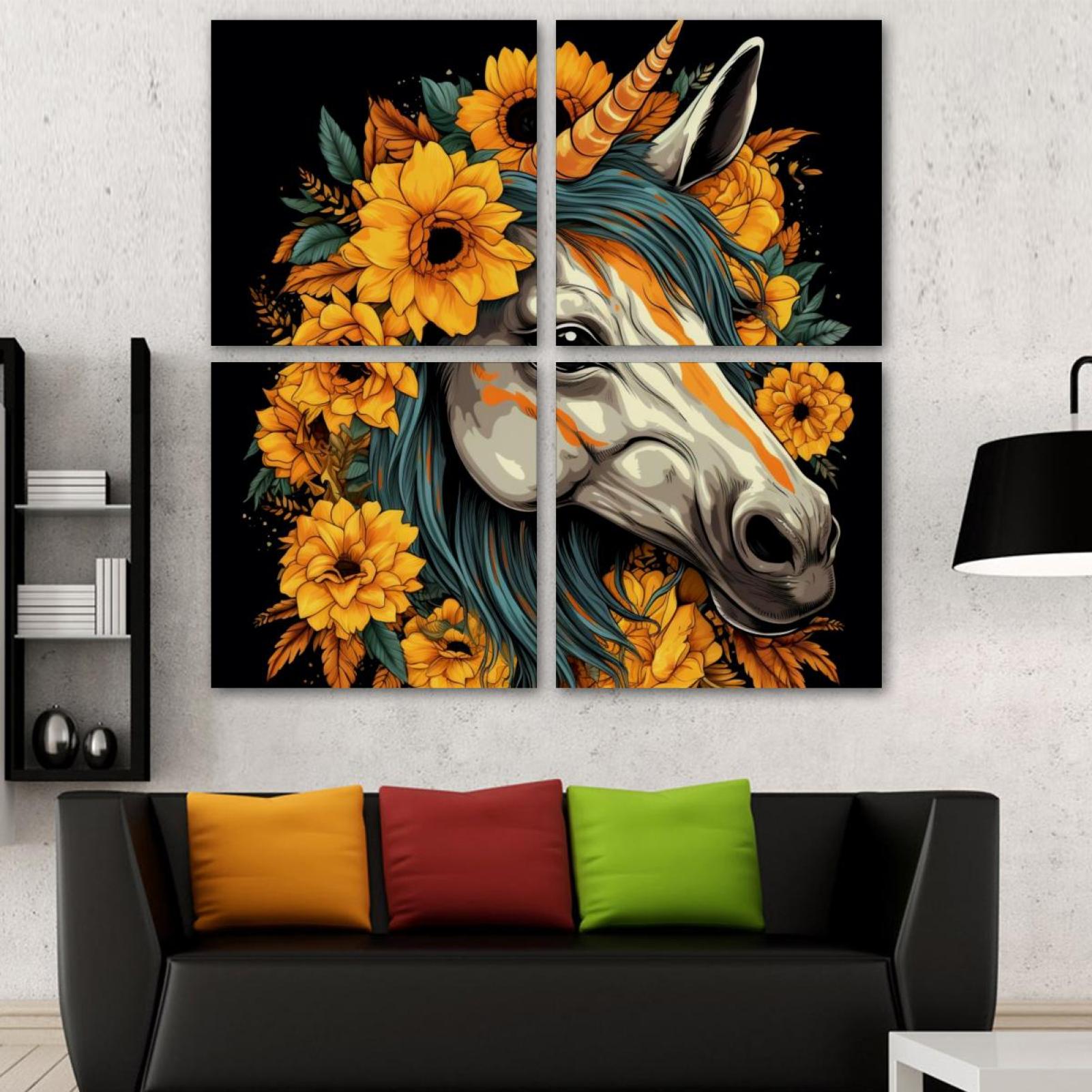 OWNSERIES Unicorn Skull Sunflower Pattern 4PC Frameless Canvas Wall Art