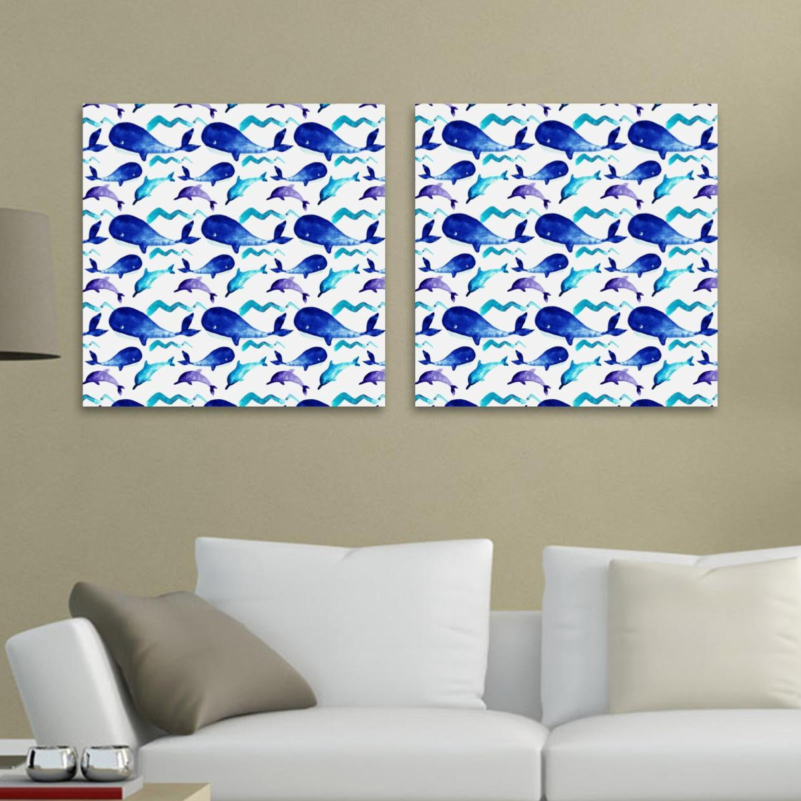 OWNSERIES Watercolor Blue Whale Dolphin Pattern 2PC Canvas Wall Art ...