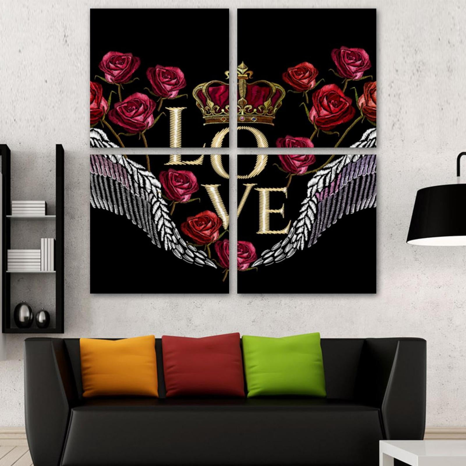 OWNSERIES Wing Crown Roses Love Pattern 4PC Frameless Canvas Wall Art ...